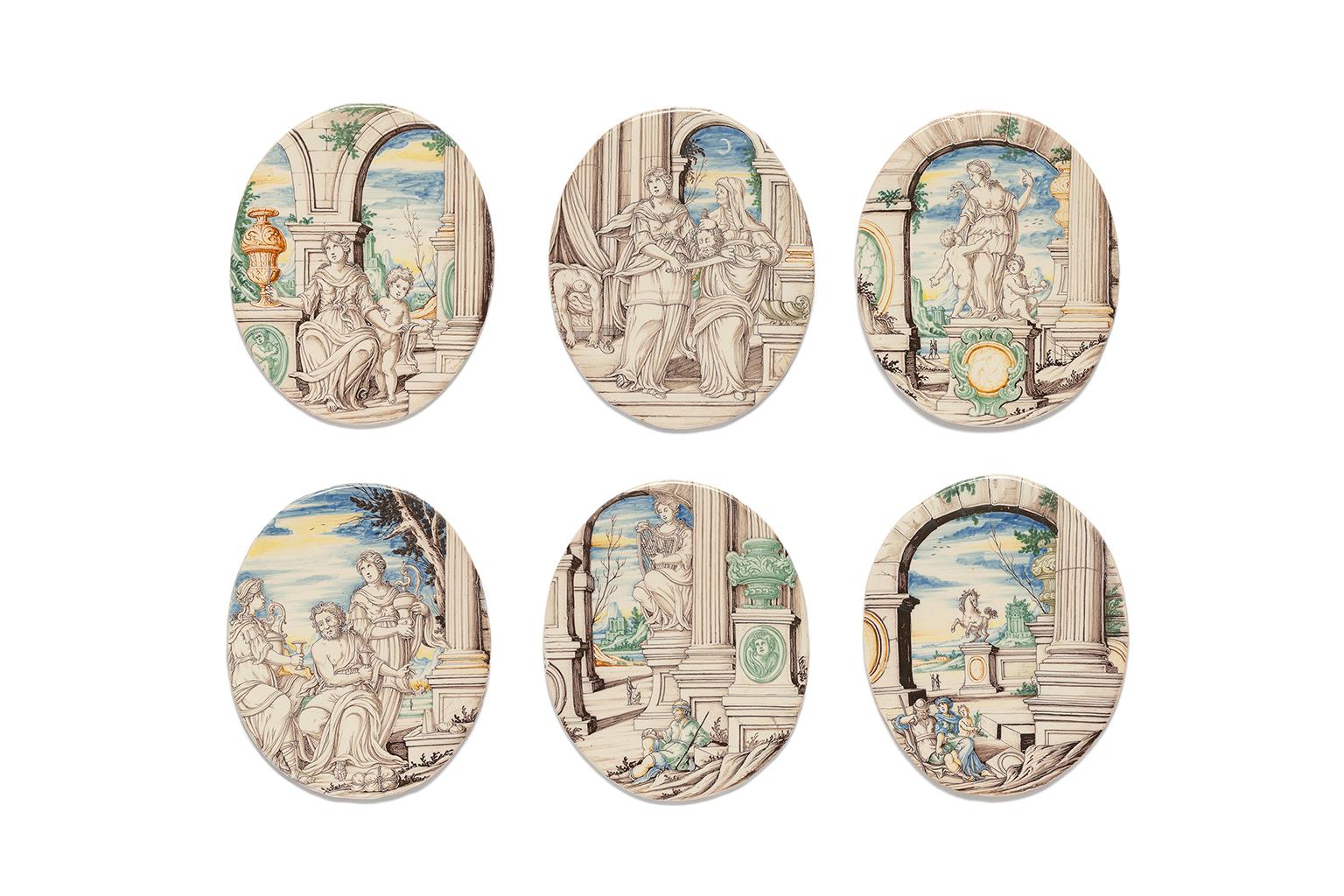 Six maiolica “ambrogette” (tiles) 
Rampini manufactory, painter probably Siro Antonio Africa
Pavia, 1693-1704
a)	6.88 x 5.51 in (17.5 x 14 cm); 0.55 lb (252 g)
b)	7.08 x 5.70 in (18 x 14.5 cm); 0.51 lb (233 g)
c)	6.88 x 5.70 in (17.5 x 14.5 cm);