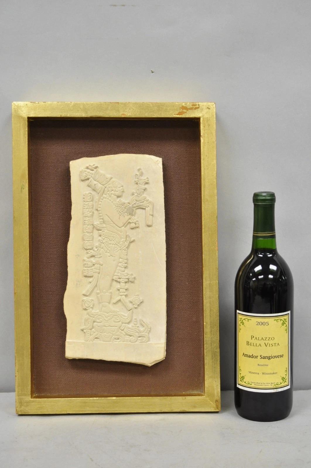 Ancient Maya Mayan Cast Stone Art Plaque Framed Sculpture Reproduction. Circa Late 20th Century. Measurements: 16