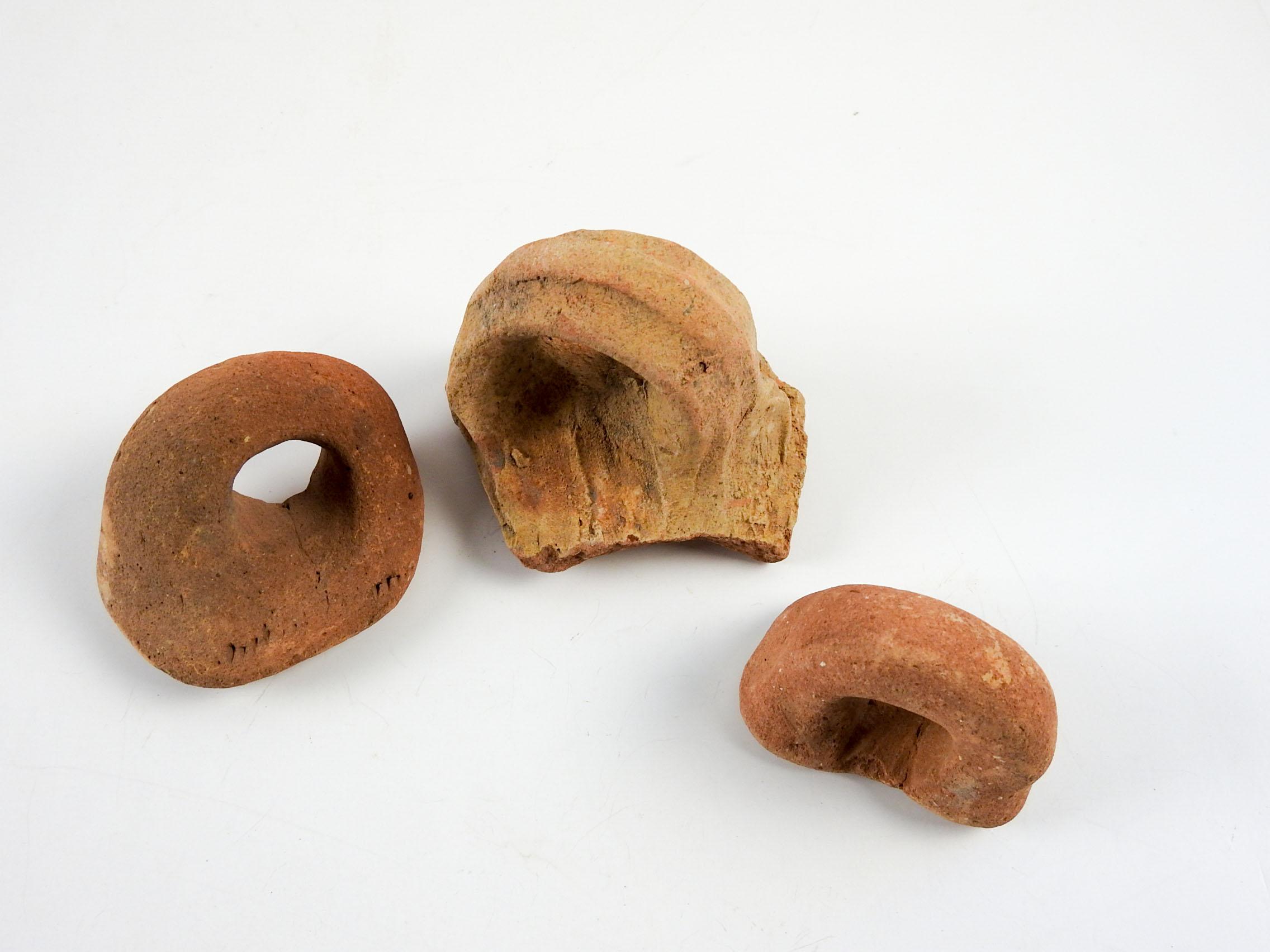 Group of 3 ancient Mediterranean terracotta pottery handle fragments . I have several sets of these, colors vary from brownish to reddish, size and overall wear will vary. Largest fragment is about 3.5