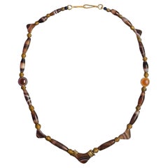 Ancient Mesopotamian Agate Necklace, Gold Capped Center Bow Bead, and Eye Beads