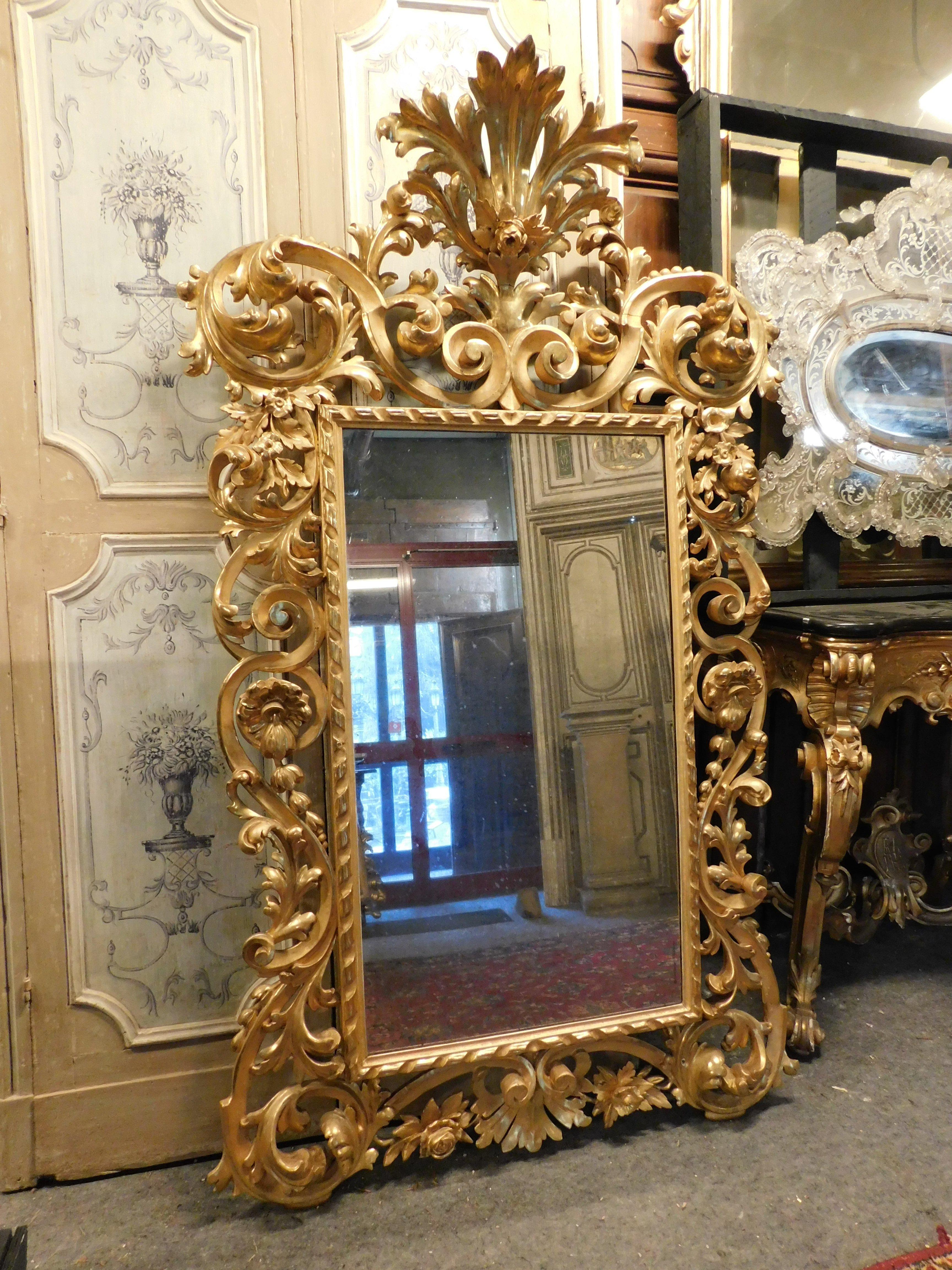 Italian Big Mirror in gilded wood, rich baroque decoration, from Napoli (Italy) For Sale