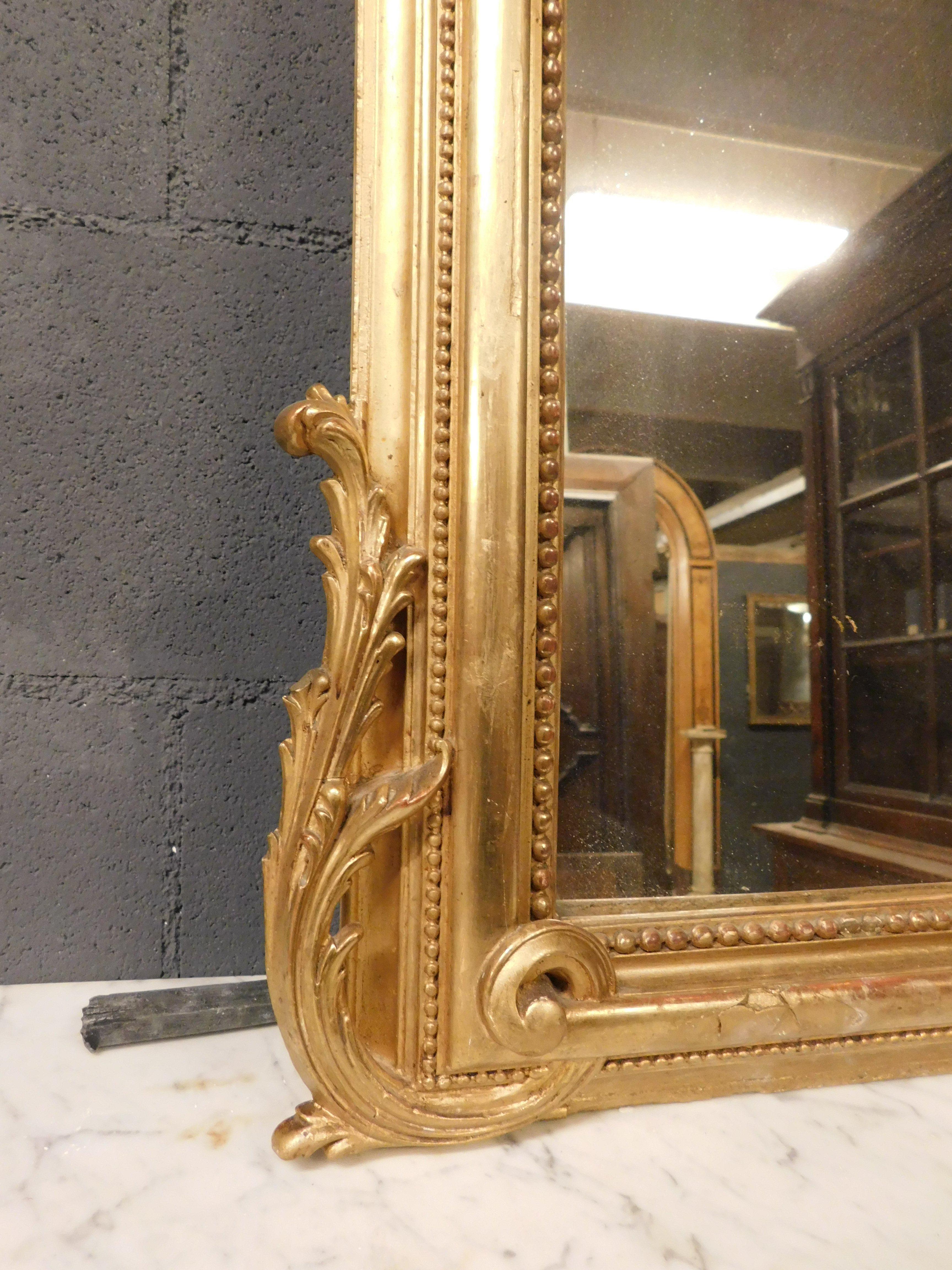 Hand-Carved Ancient Mirror in Gilded Wood with Richly Carved Frieze, 19th Century France For Sale