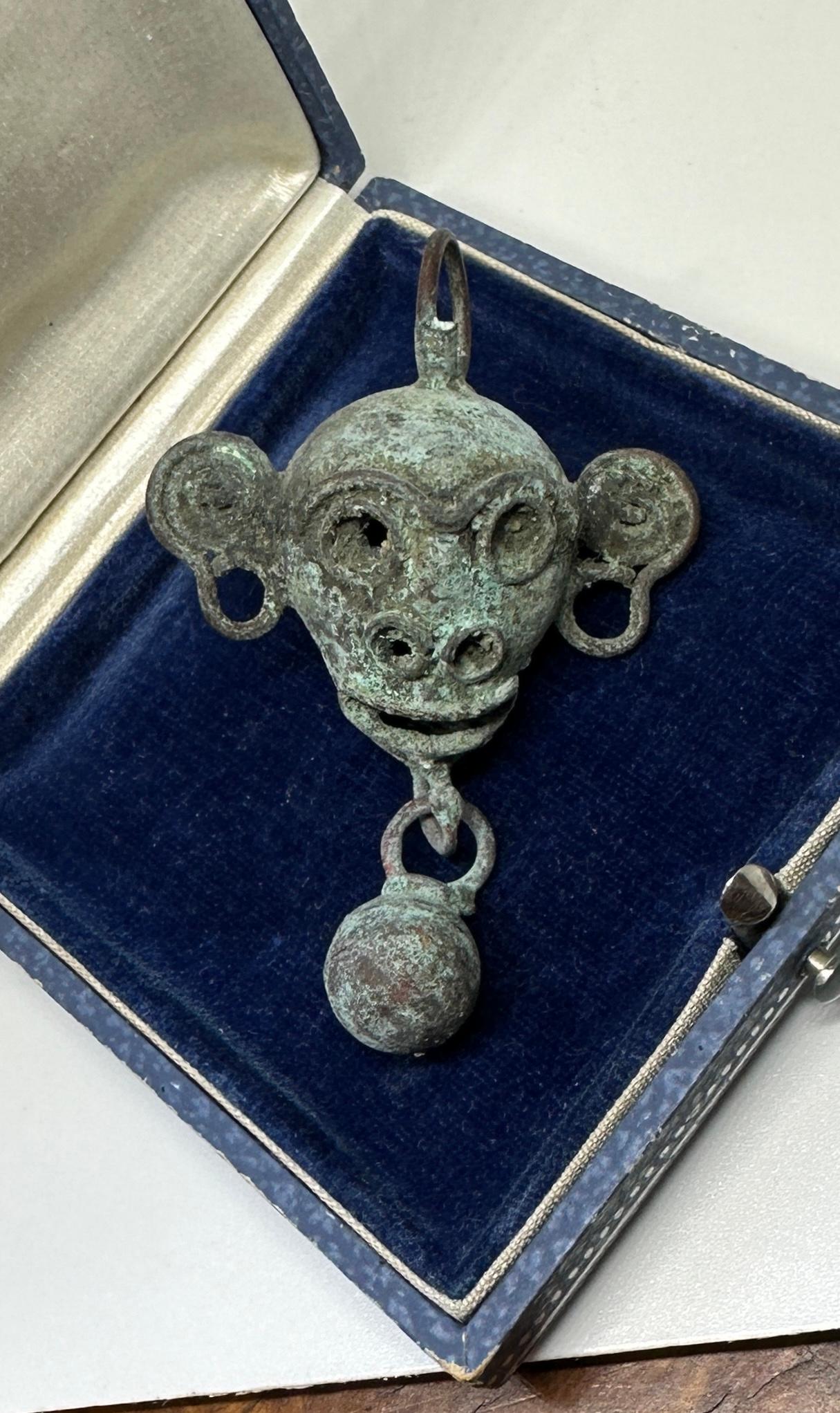 Native American Ancient Mixtec Copper Bell Monkey Pendant Necklace Mexican 16th Century For Sale