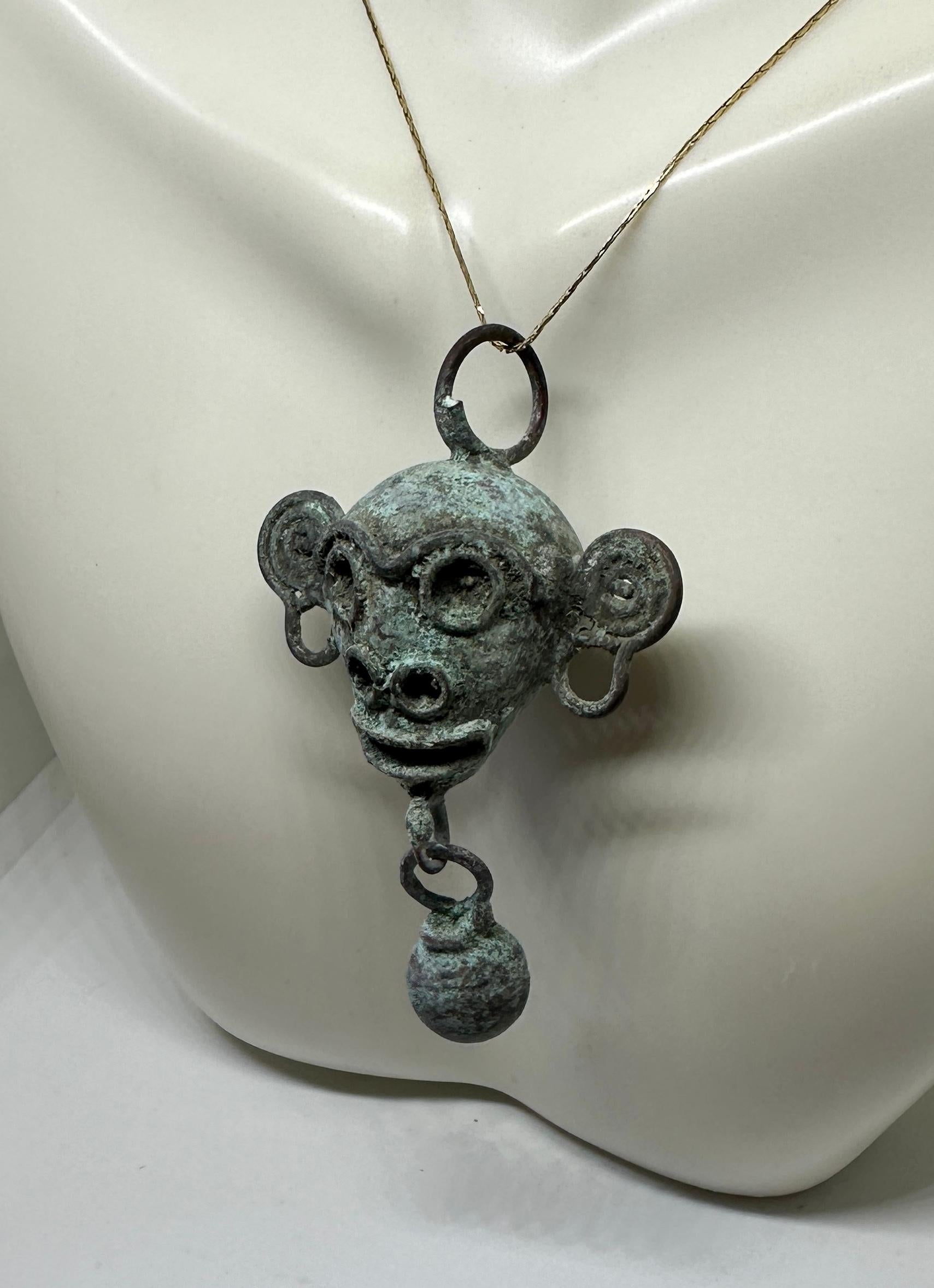 Ancient Mixtec Copper Bell Monkey Pendant Necklace Mexican 16th Century In Good Condition For Sale In New York, NY