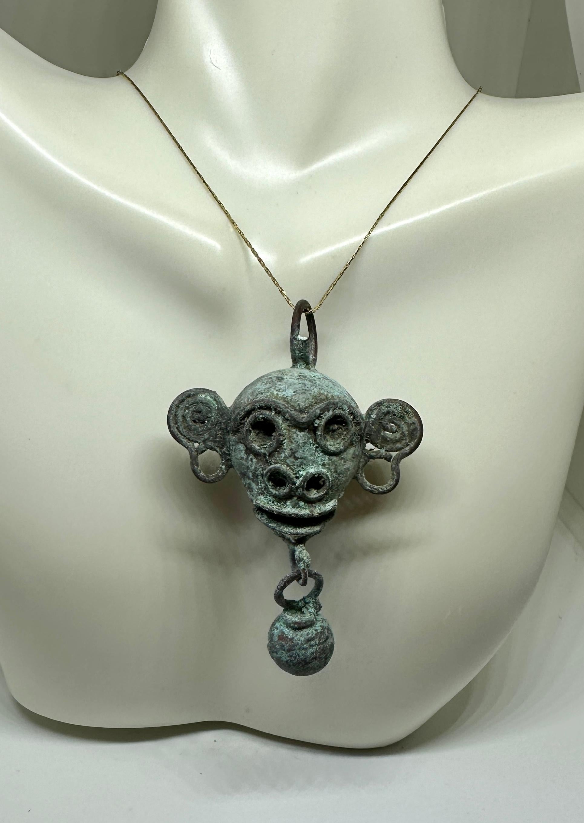Women's or Men's Ancient Mixtec Copper Bell Monkey Pendant Necklace Mexican 16th Century For Sale