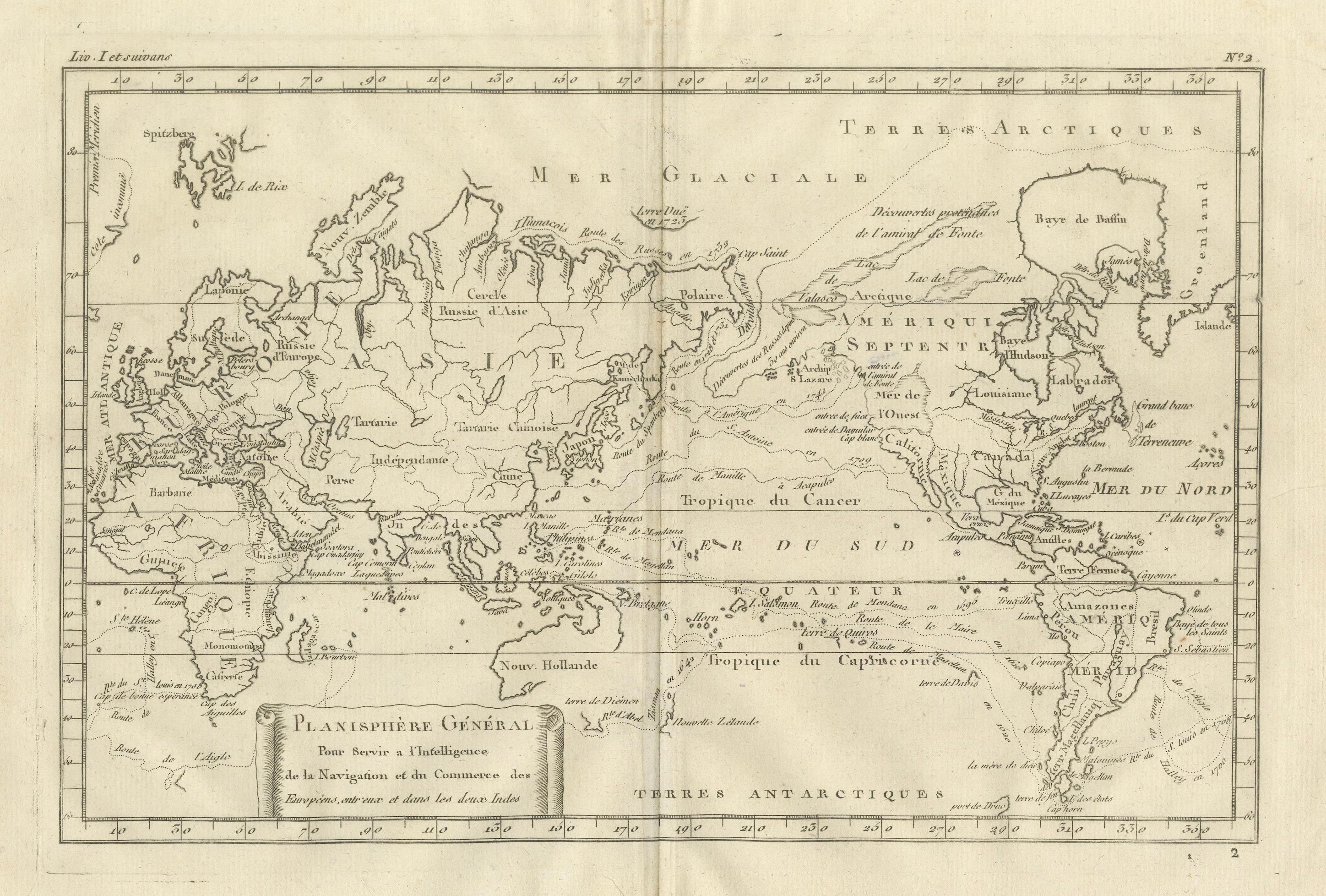 General World Planisphere for Navigation & Trade – Bonne c.1780