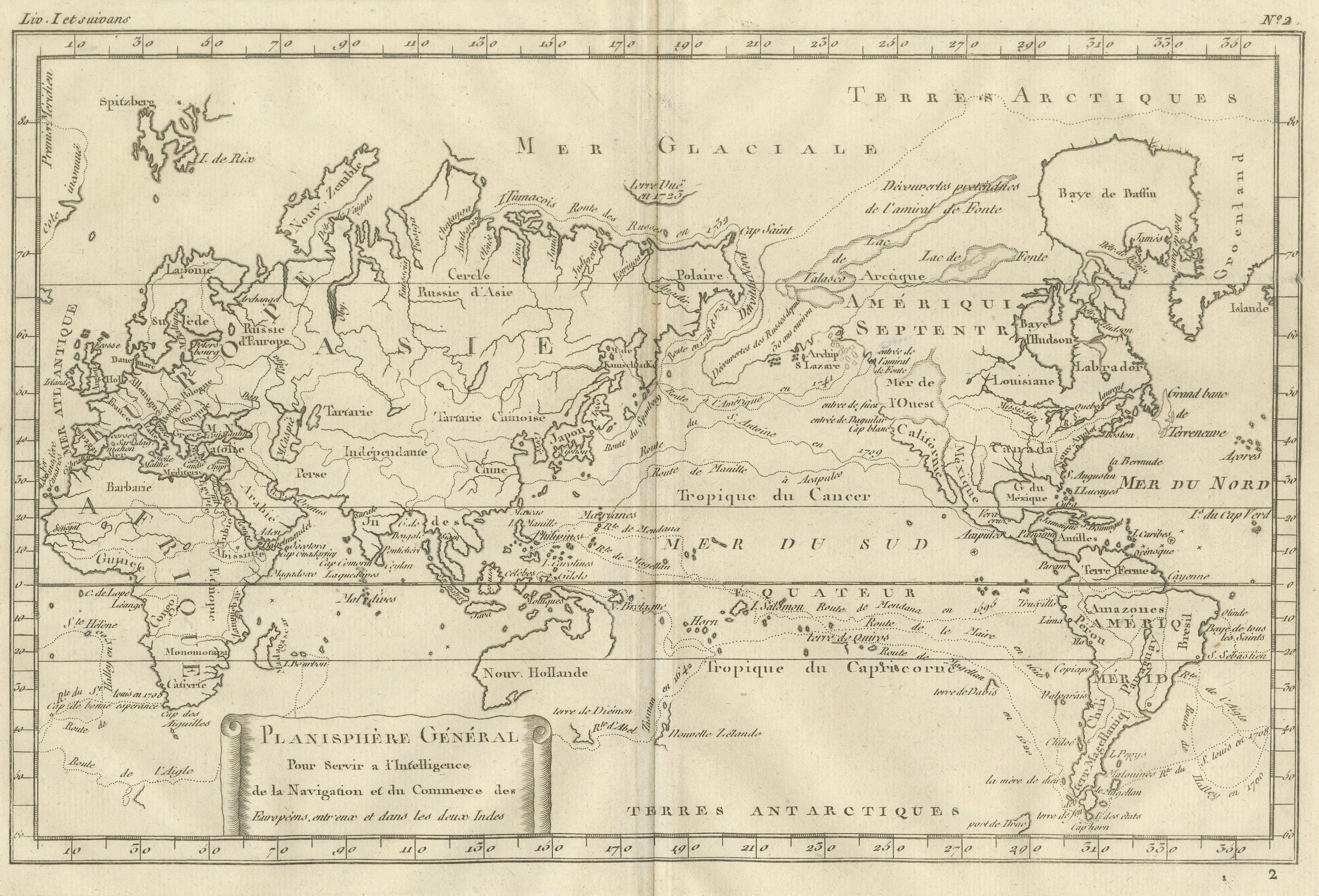 General World Planisphere for Navigation & Trade – Bonne c.1780