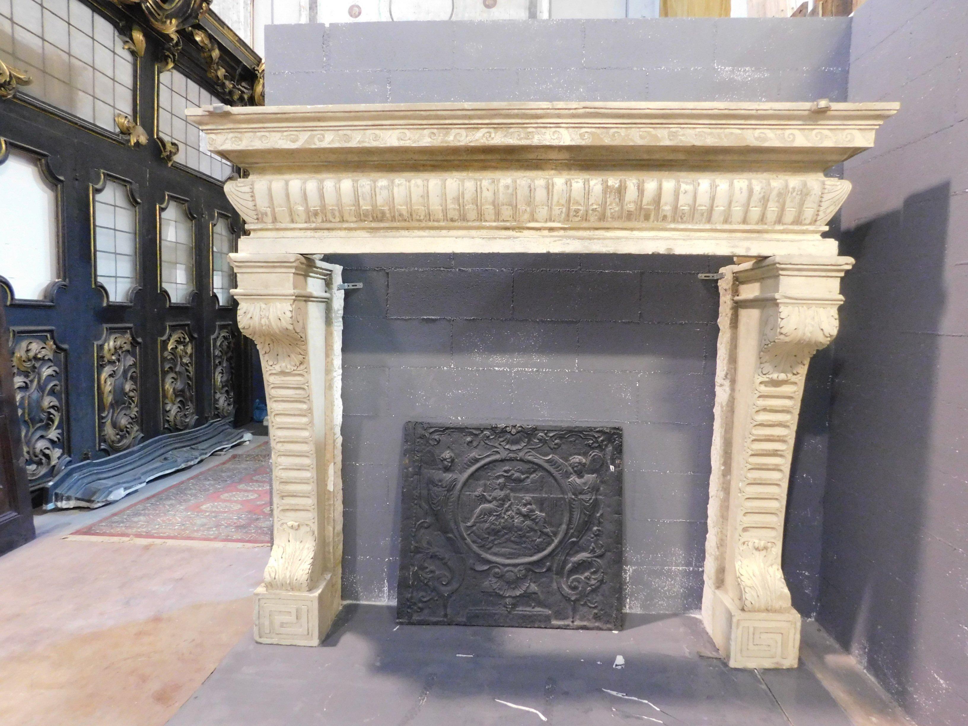 Italian Ancient Monumental Stone Fireplace, Important with Sculptures from 16th Century