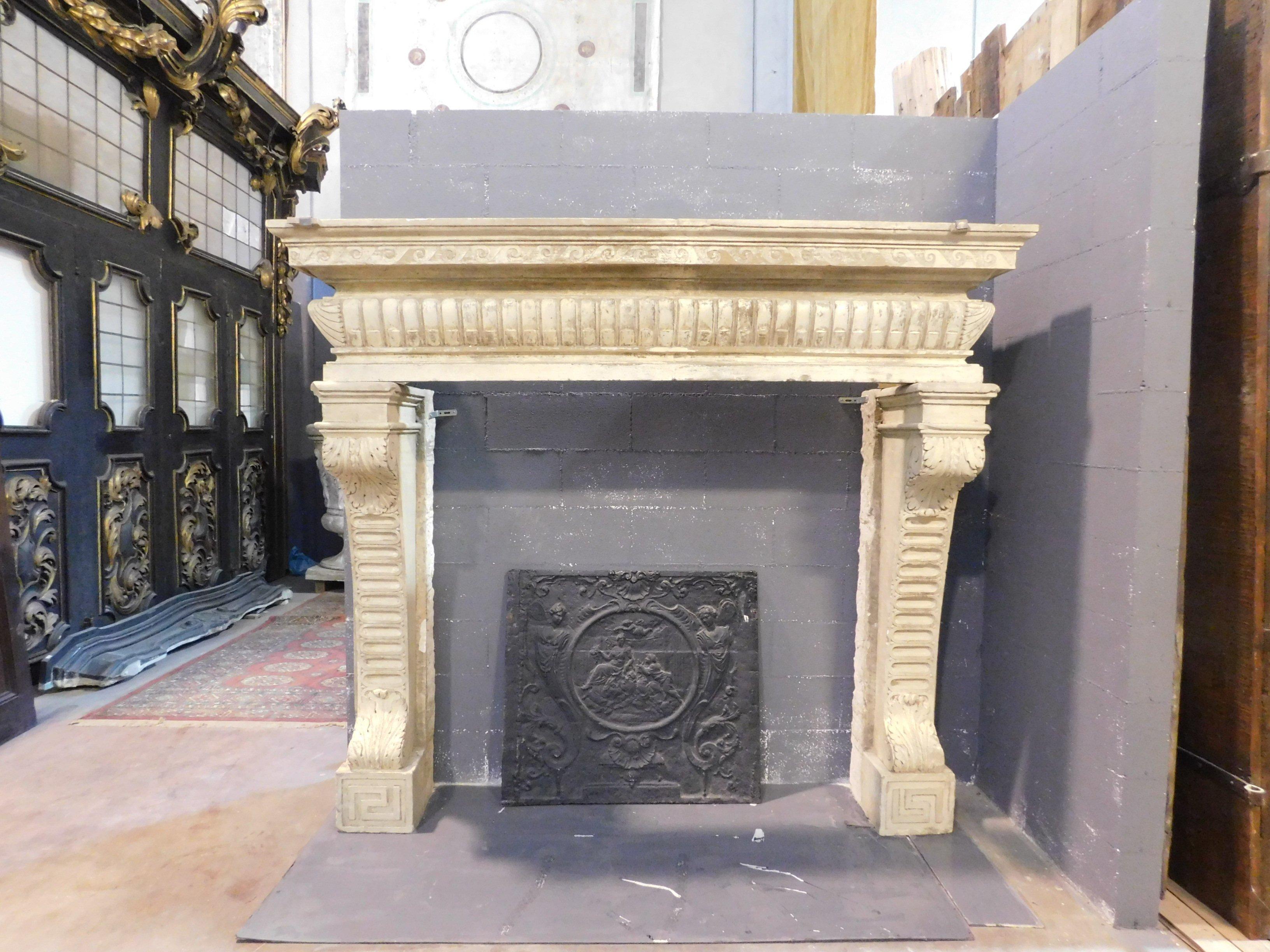 Hand-Carved Ancient Monumental Stone Fireplace, Important with Sculptures from 16th Century