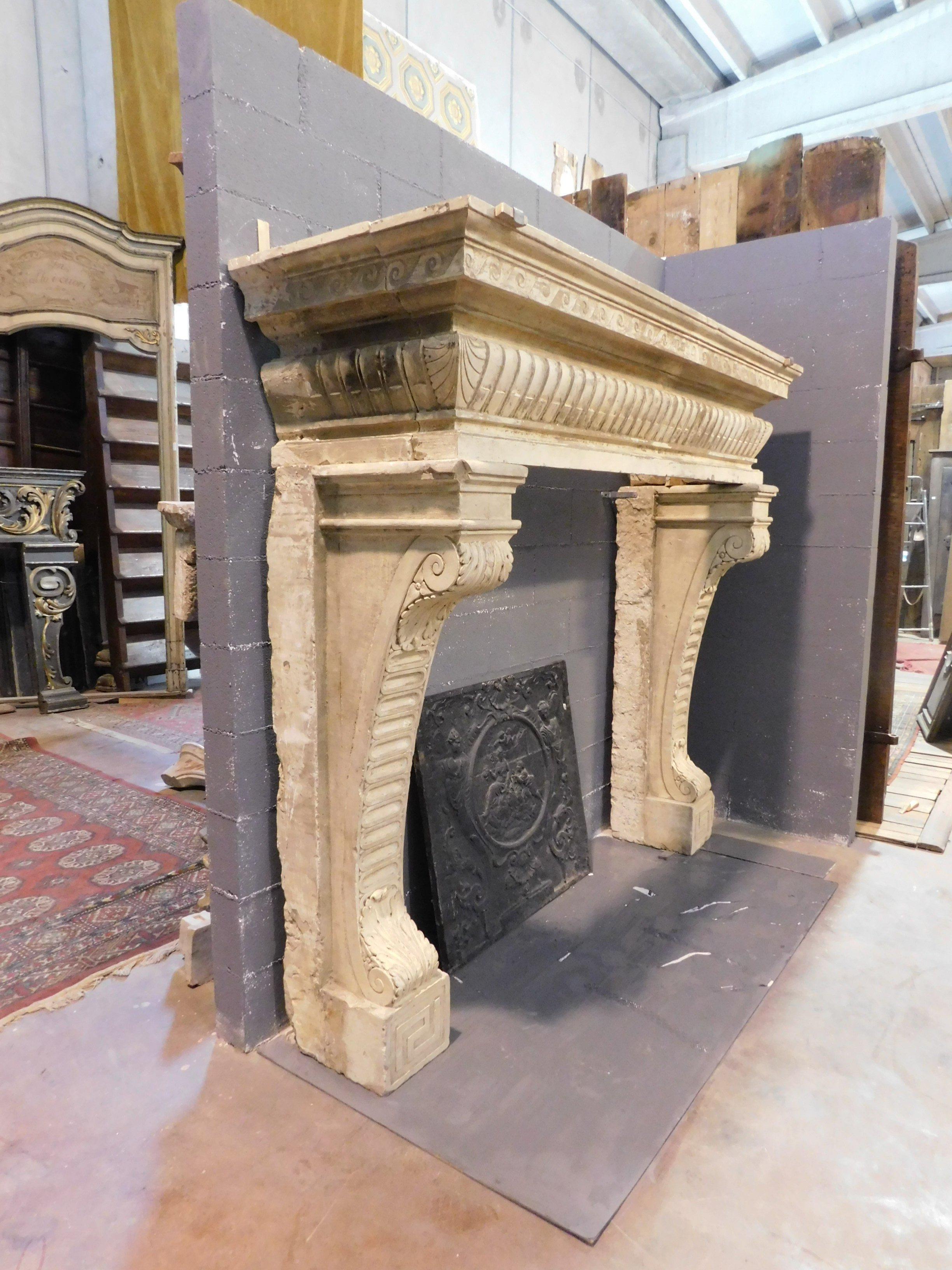 18th Century and Earlier Ancient Monumental Stone Fireplace, Important with Sculptures from 16th Century