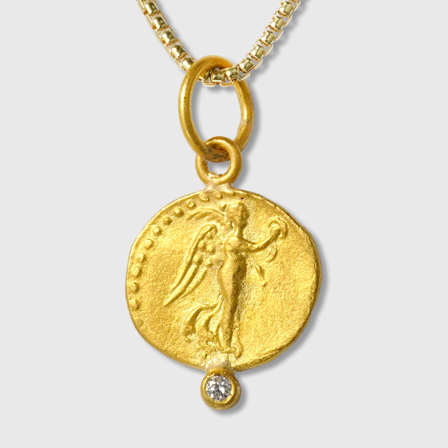 Ancient, Nike Charm Coin (Sterling Replica) Pendant with 0.02ct Diamond, 24kt Solid Gold, comes with 16