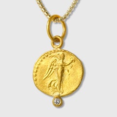Ancient, Nike Charm Coin (Replica) Pendant with 0.02ct Diamond, 24kt Solid Gold