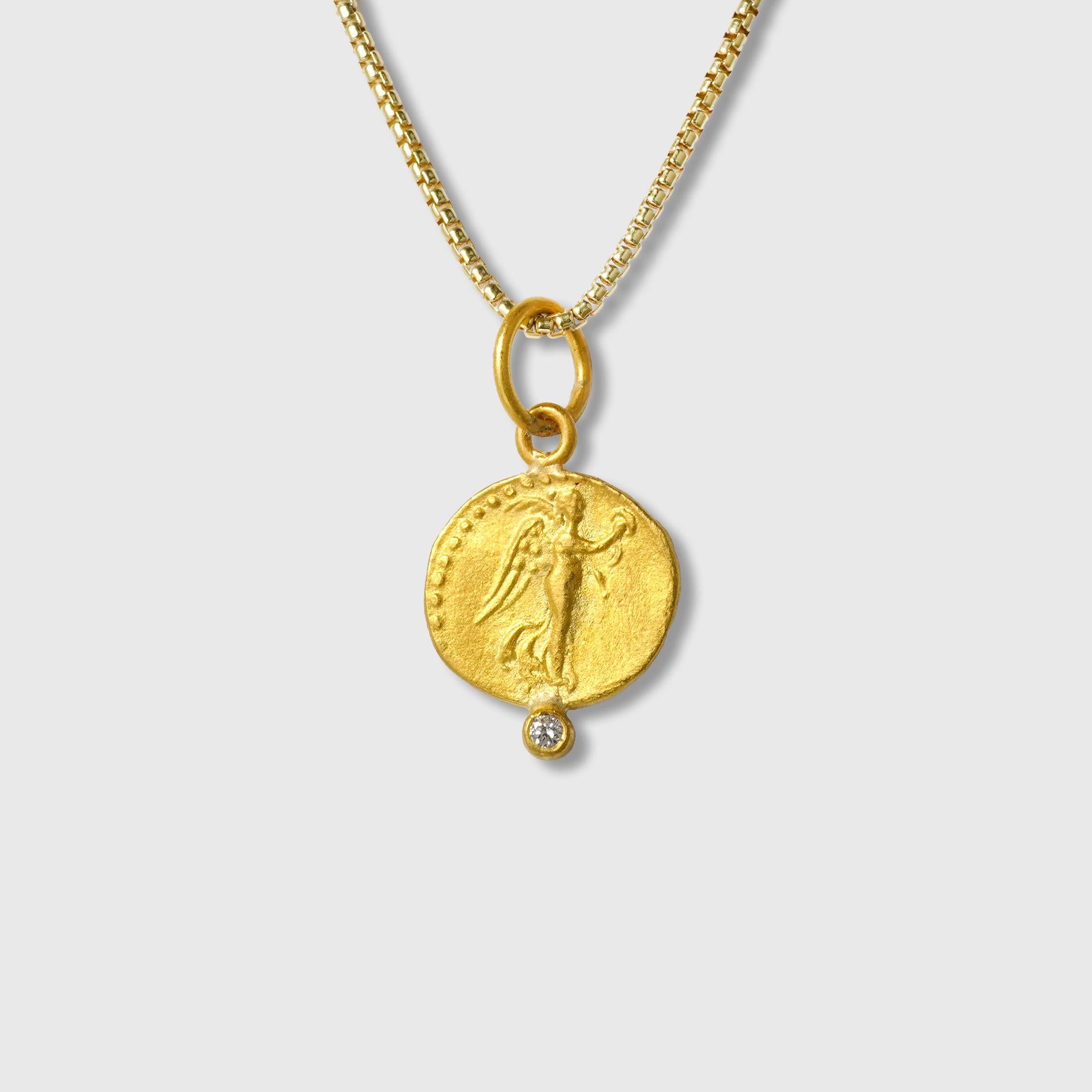 Round Cut Ancient, Nike Charm Coin (Replica) Pendant with 0.02ct Diamond, 24kt Solid Gold For Sale