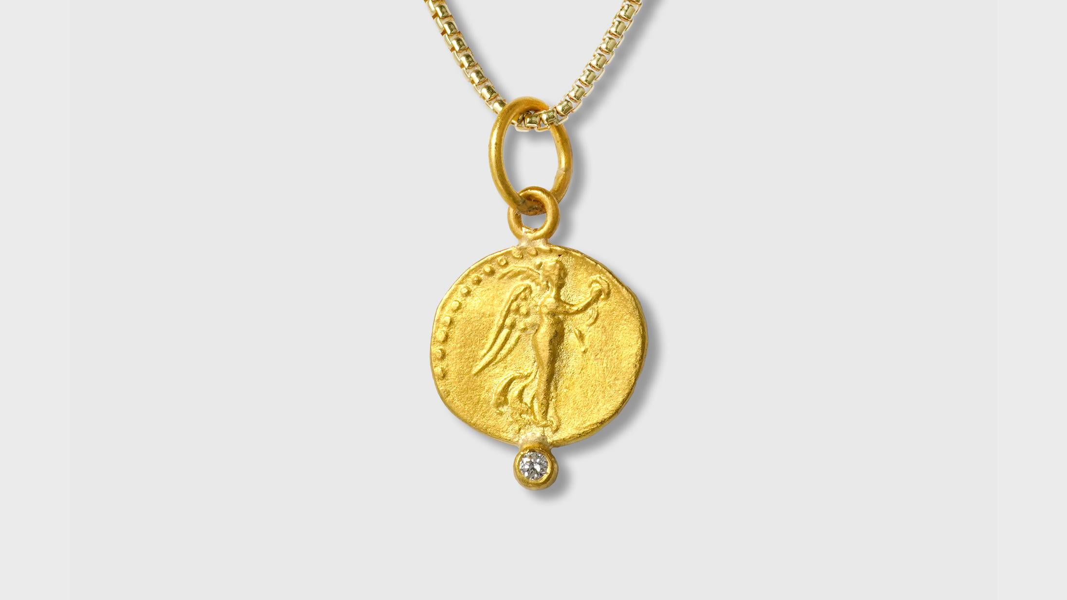 Ancient, Nike Charm Coin (Replica) Pendant with 0.02ct Diamond, 24kt Solid Gold In New Condition For Sale In Bozeman, MT