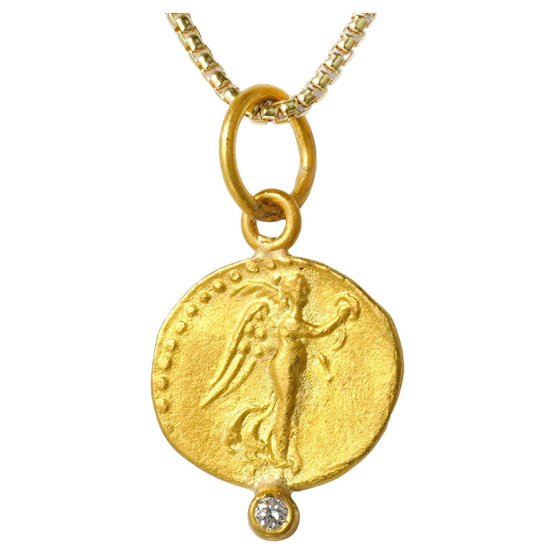 Ancient, Nike Charm Coin (Replica) Pendant with 0.02ct Diamond, 24kt Solid Gold For Sale