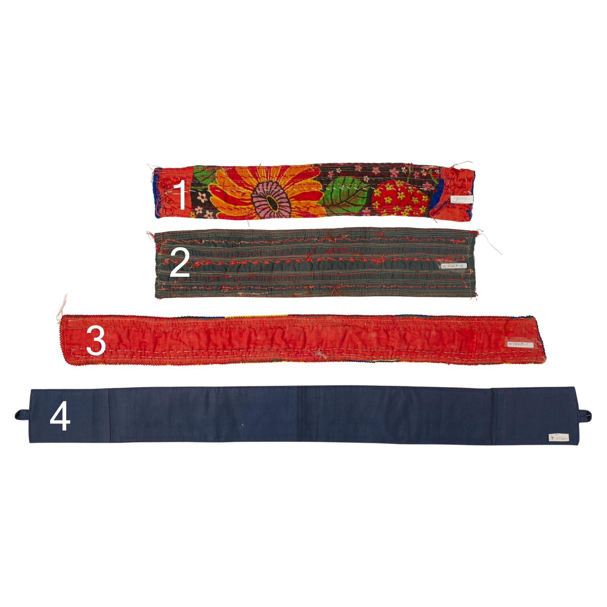 Ancient nomadic belts, covered with embroidery and ancient coins. 
Purchased by a young oriental man in a European market.
they can also be used as blinds for curtains.
nr. 1 - cm. 58 x 10.  bleu -     
nr.2 - cm. 57 x 12. green -
nr.3 - cm. 87 x 9.