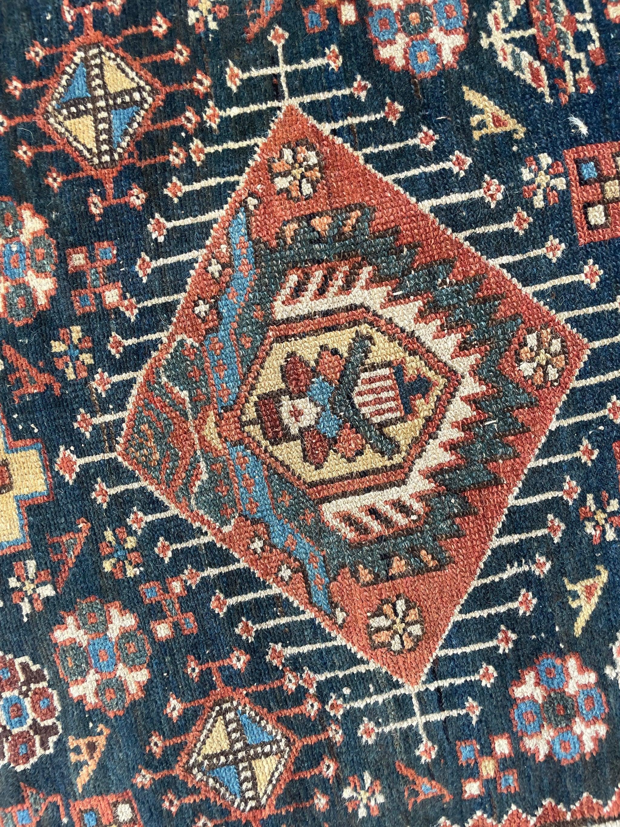 Ancient Nomadic Northwest Persian Karaja Runner  Super Fine Piece In Indigo, Clay, Forest Green

Size:  3.2 x 13.5
Age:  Antique, C. 1920's
Pile: Incredible age-related wear patina

This rug is one-of-a-kind, only one in the world, no others are