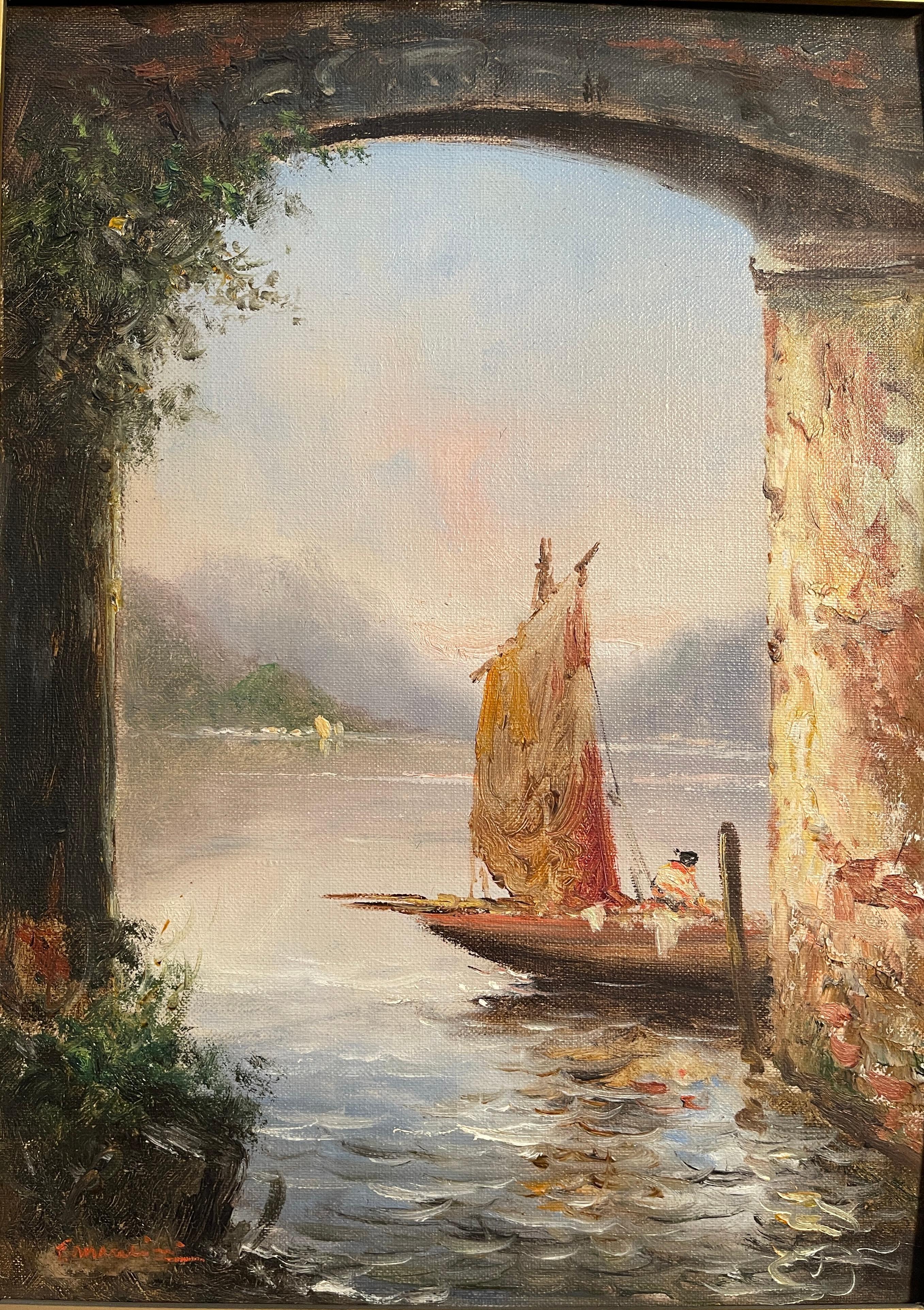 Ancient oil painting on wood, glimpse of a lake landscape, F. Mancini, 19th century
Fascinating glimpse of a lake view created and signed by Francesco Mancini (1830-1905), it represents a moored boat in the foreground and the lake shore in the