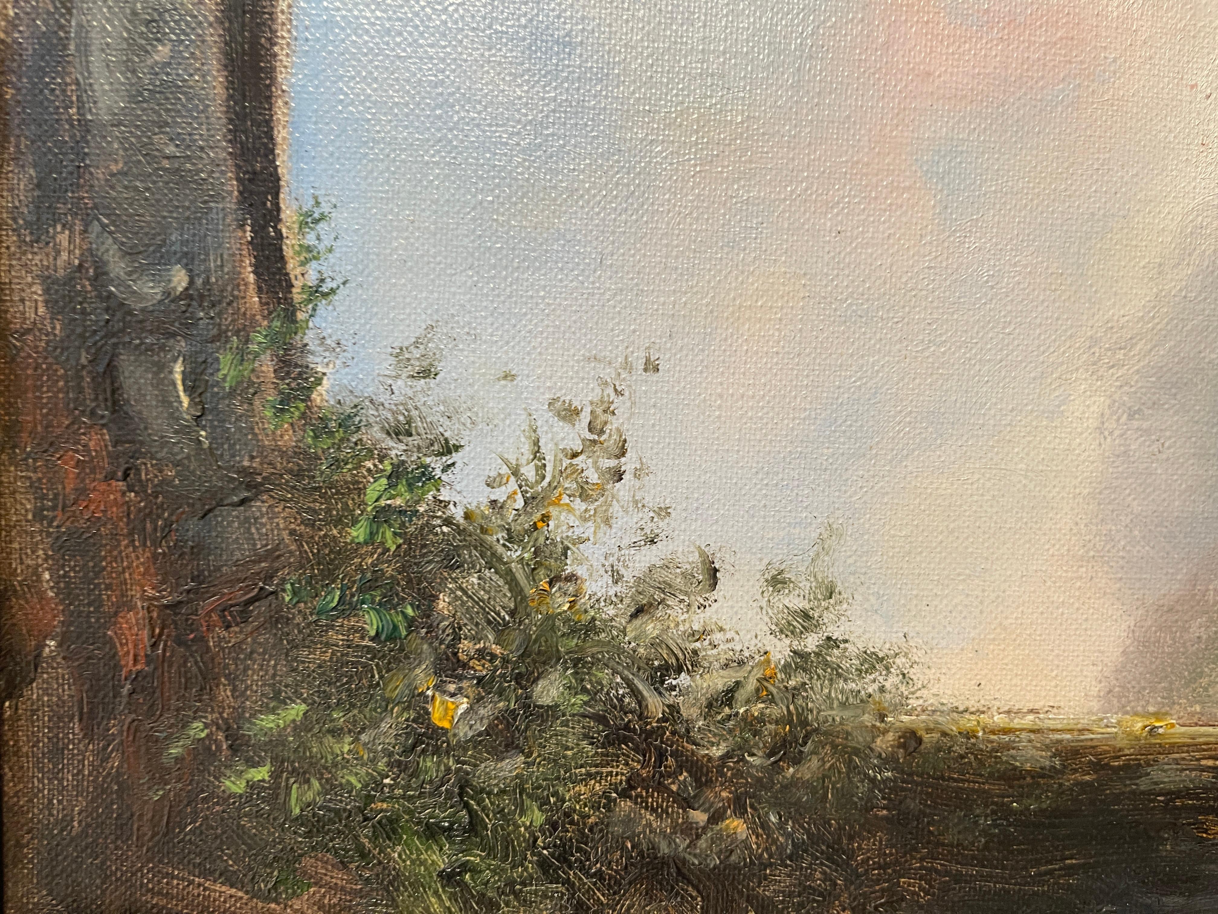 Hand-Painted Ancient oil painting on wood, glimpse of a lake landscape, F. Mancini, XIX For Sale