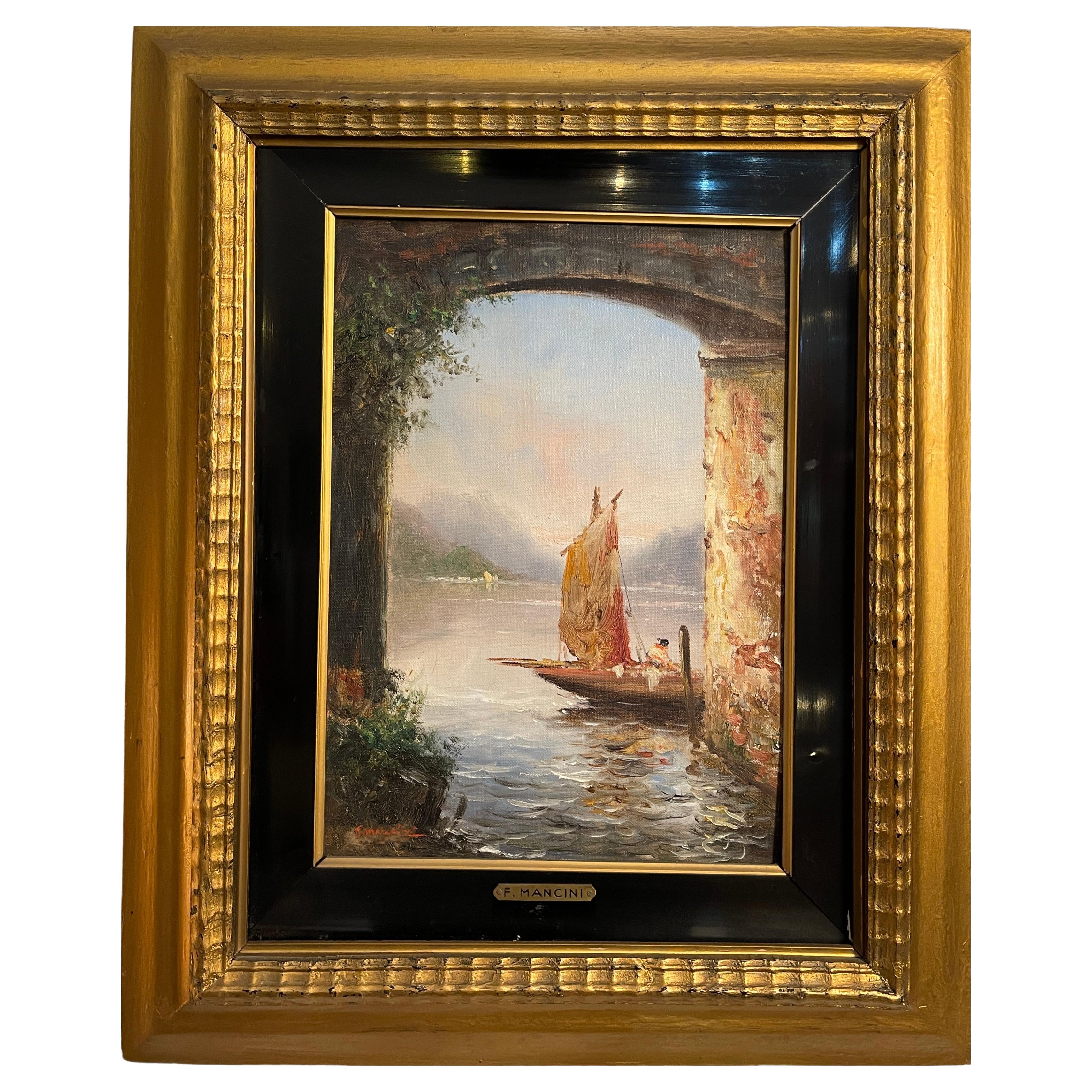 Ancient oil painting on wood, glimpse of a lake landscape, F. Mancini, XIX For Sale