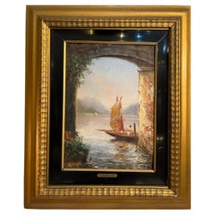 Ancienne peinture à l'huile sur bois, aperçu d'un paysage de lac, F. Mancini, XIX