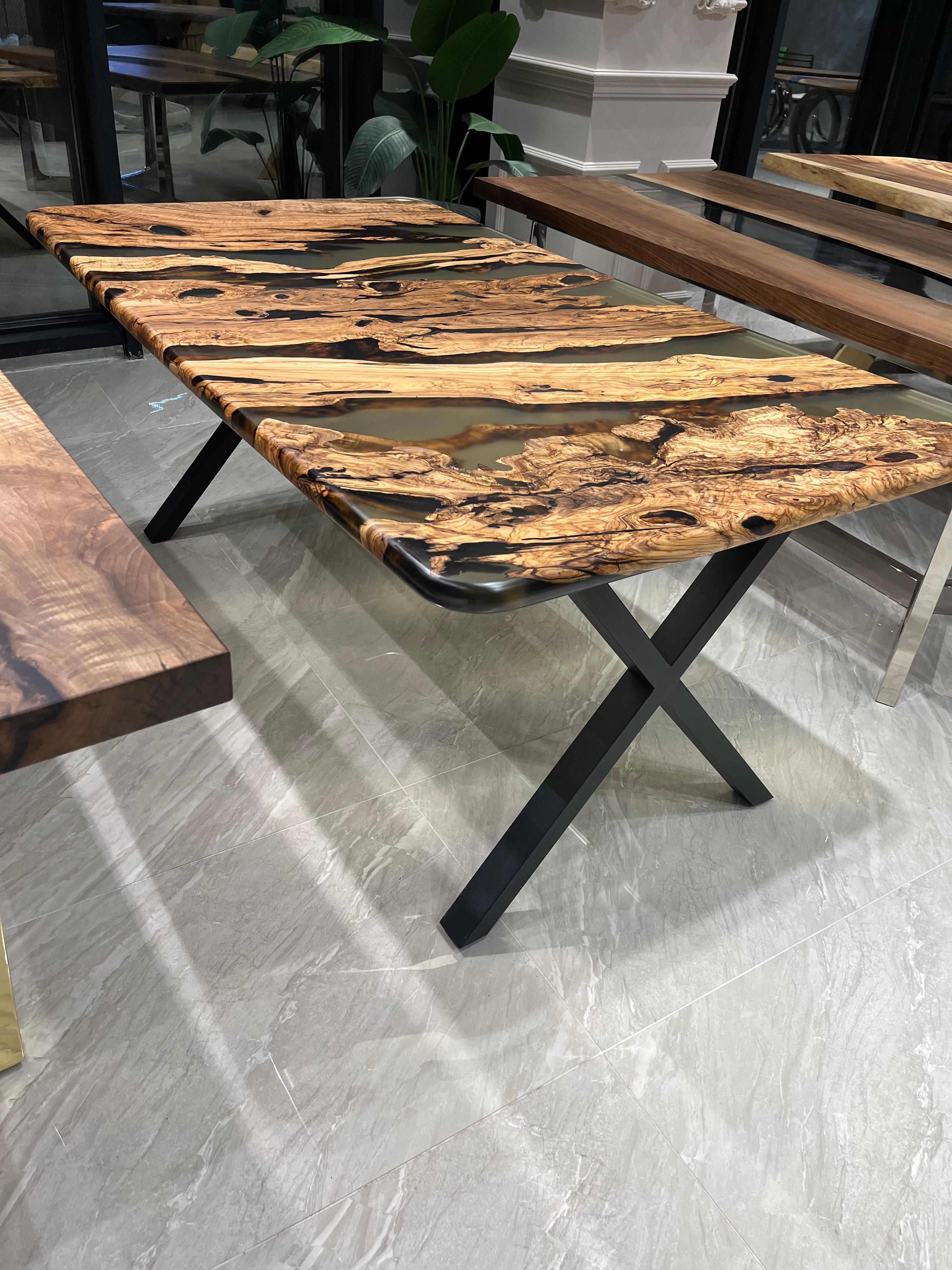 Brushed Ancient Olive Wood Epoxy Resin Custom Dining Table For Sale