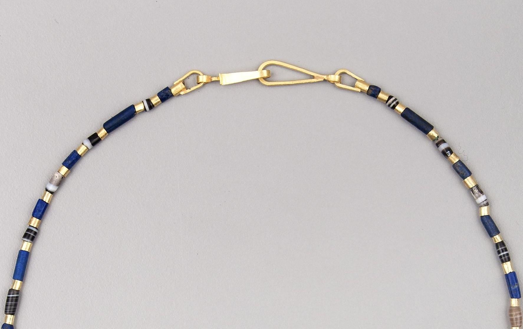 Artist Ancient Onyx and Lapis Lazuli Beads, 22k Gold Tubes, Handmade Clasp For Sale