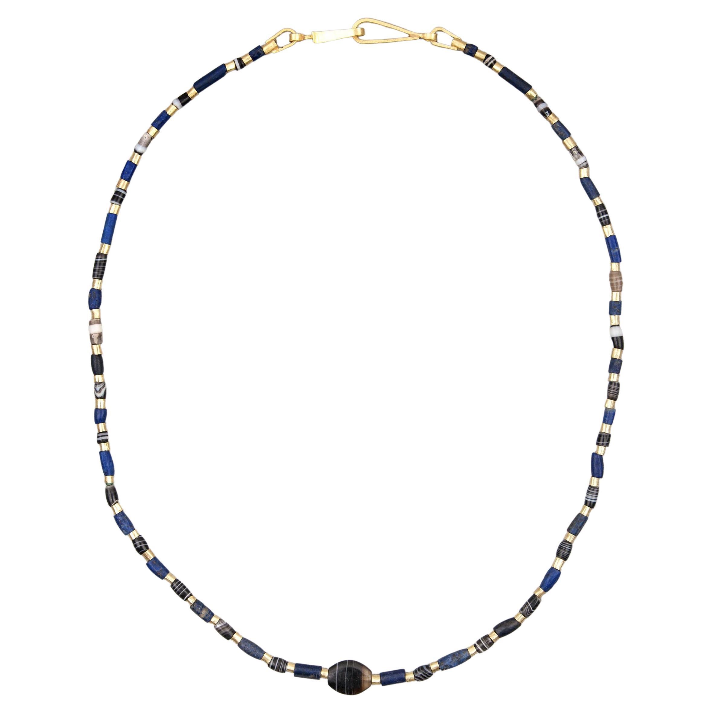 Ancient Onyx and Lapis Lazuli Beads, 22k Gold Tubes, Handmade Clasp For Sale