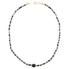 Antique Ancient Onyx and Lapis Lazuli Beads, 22k Gold Tubes, Handmade Clasp