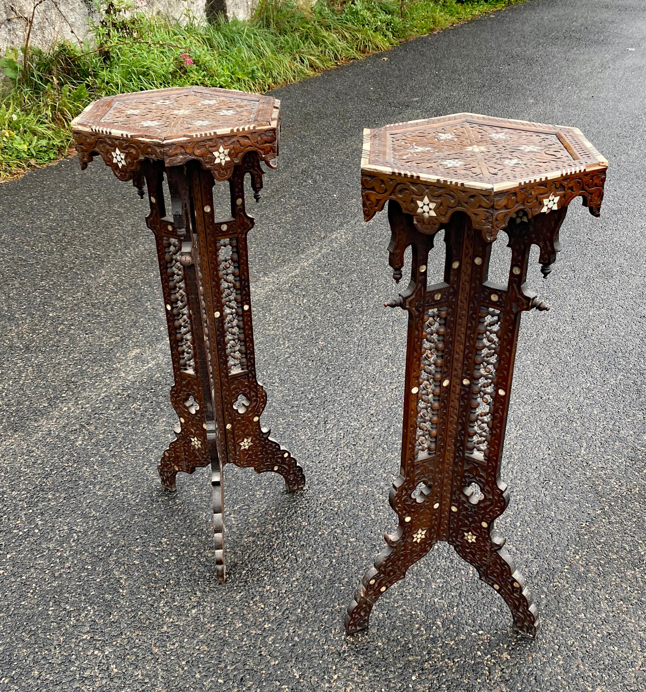 Islamic ancient oriental work, pair of carved wooden pedestals, bone and mother-of-pearl For Sale
