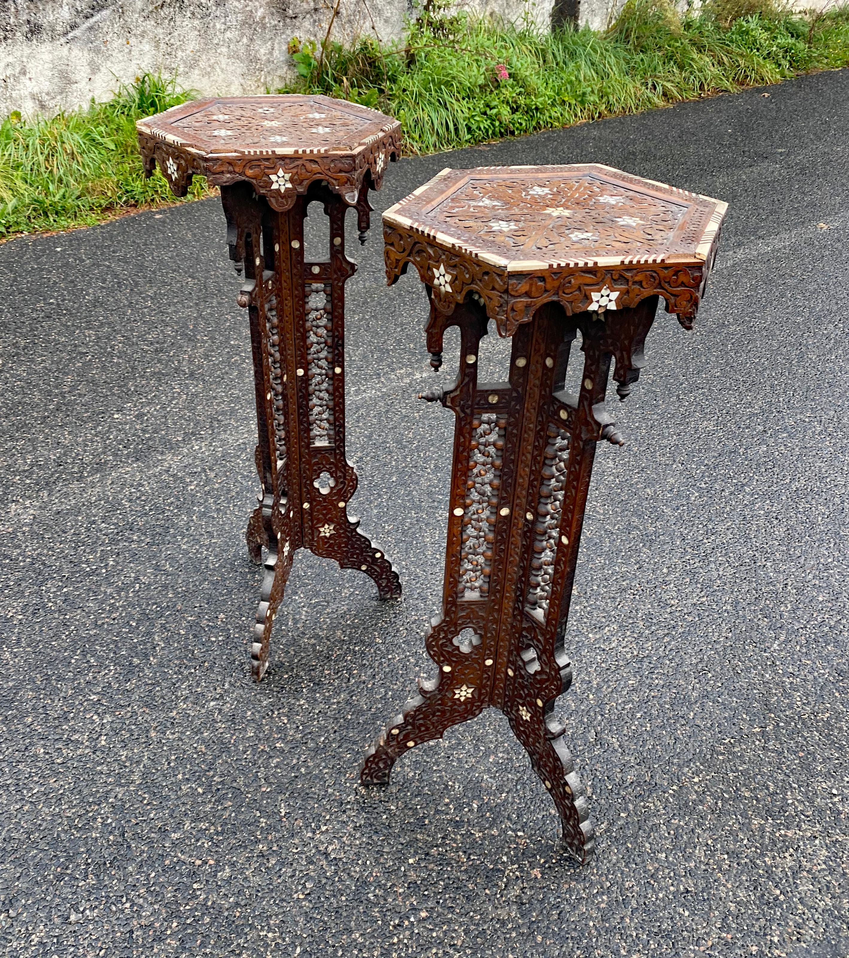Maghreb ancient oriental work, pair of carved wooden pedestals, bone and mother-of-pearl For Sale