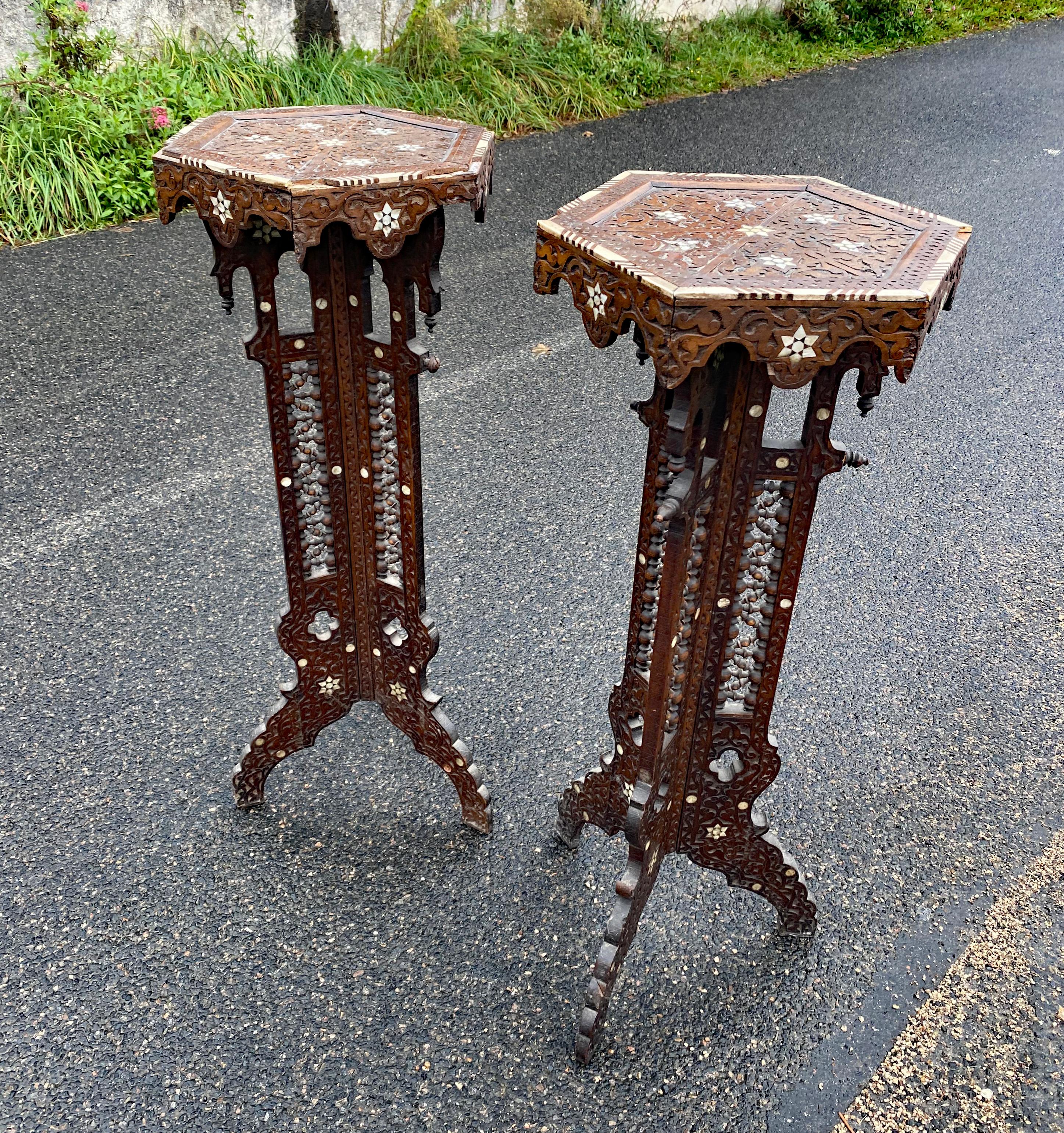 Bone ancient oriental work, pair of carved wooden pedestals, bone and mother-of-pearl For Sale