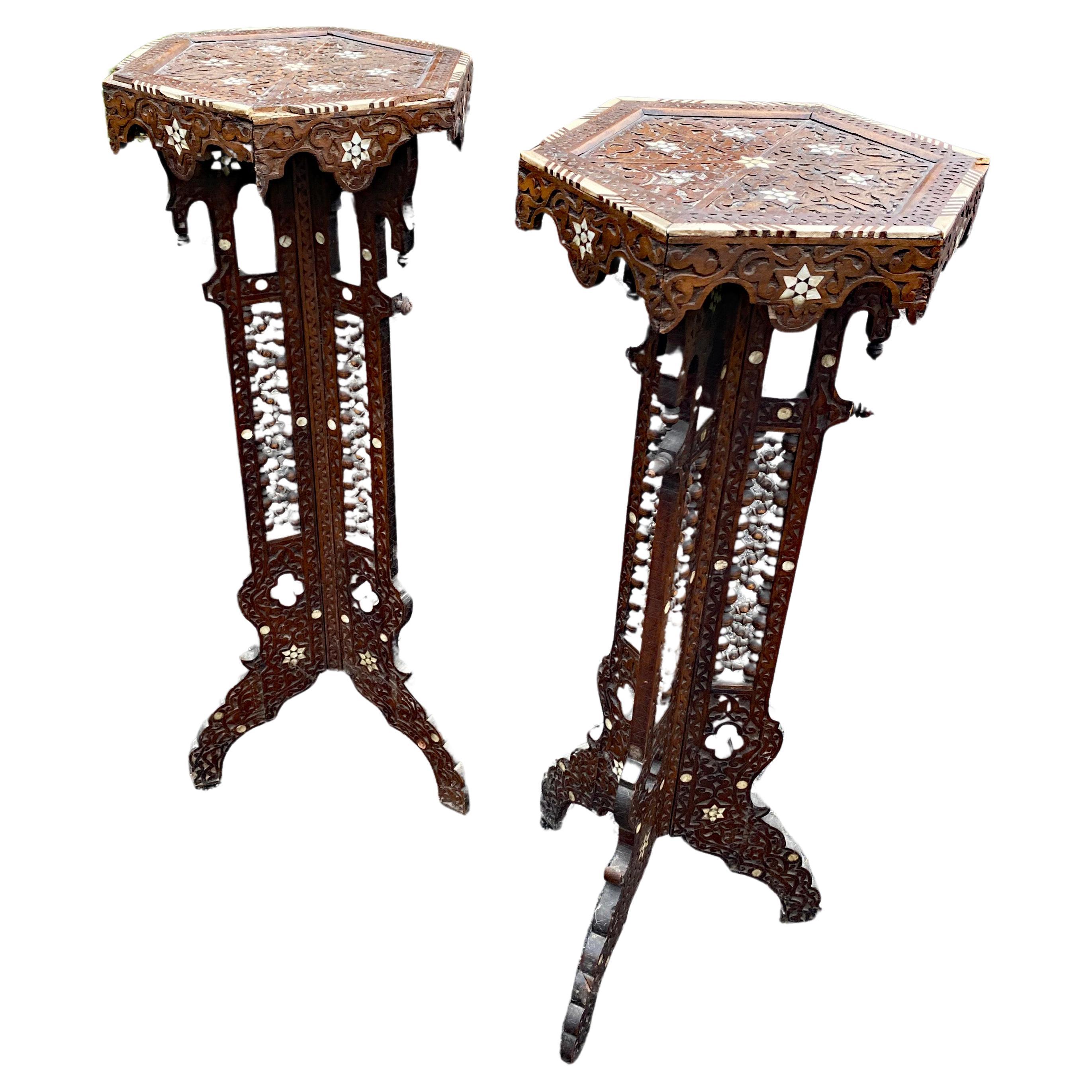 ancient oriental work, pair of carved wooden pedestals, bone and mother-of-pearl