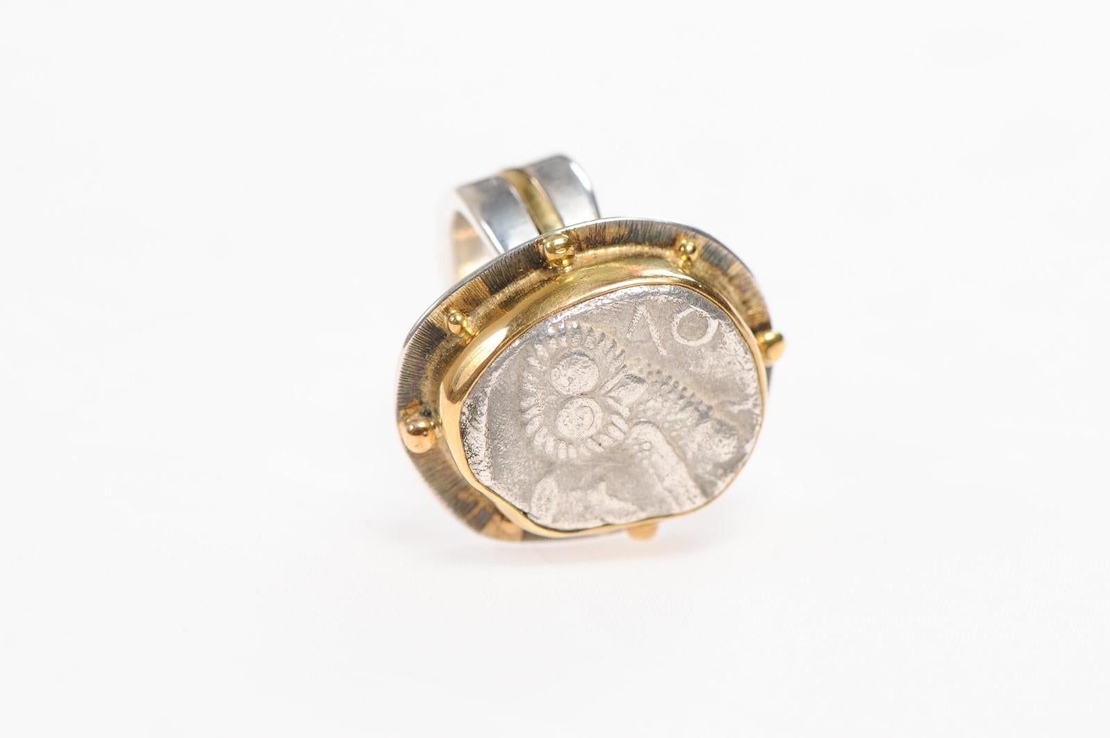 Ancient Owl Coin Ring, 22kt Gold & Silver For Sale 4