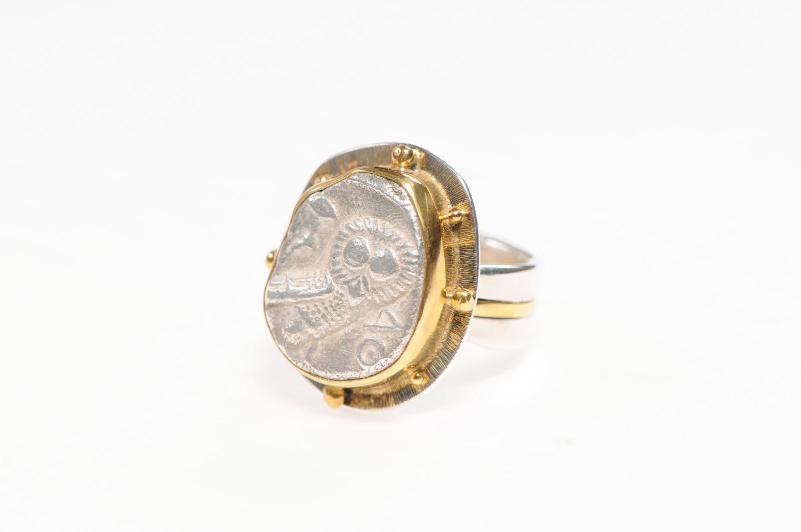 Women's or Men's Ancient Owl Coin Ring, 22kt Gold & Silver For Sale