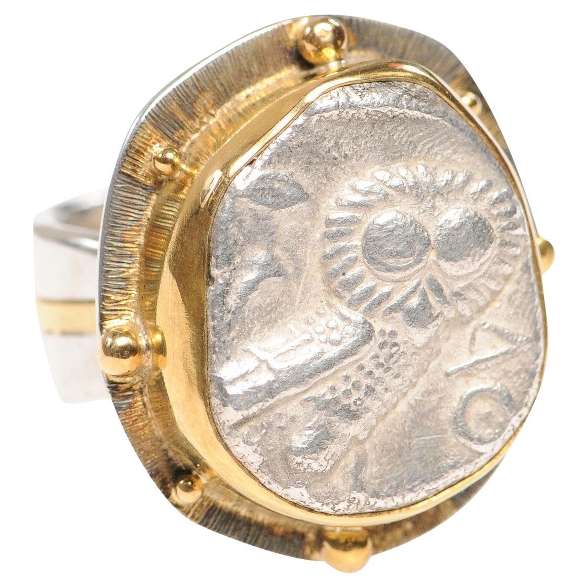 Ancient Owl Coin Ring, 22kt Gold & Silver For Sale