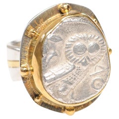 Antique Ancient Owl Coin Ring, 22kt Gold & Silver