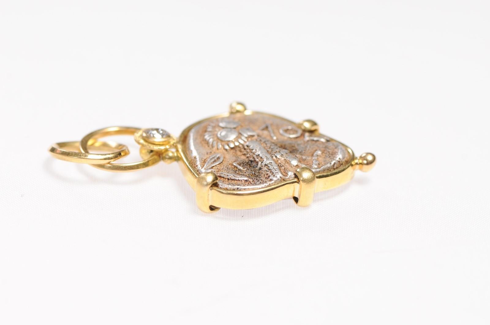 Women's or Men's Ancient Owl Pendant 22kt Gold w/Diamond (pendant only) For Sale