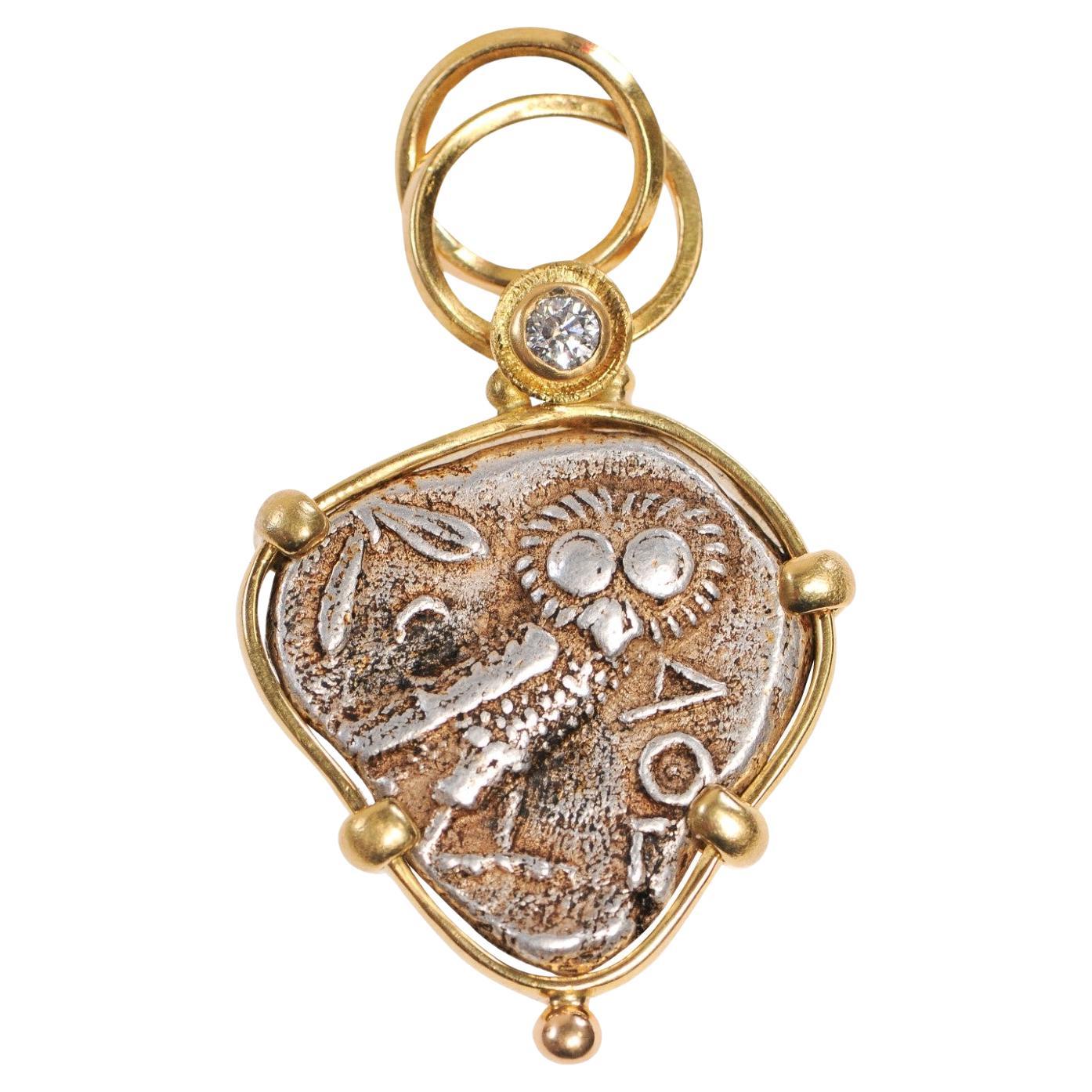 Ancient Owl Pendant 22kt Gold w/Diamond (pendant only) For Sale