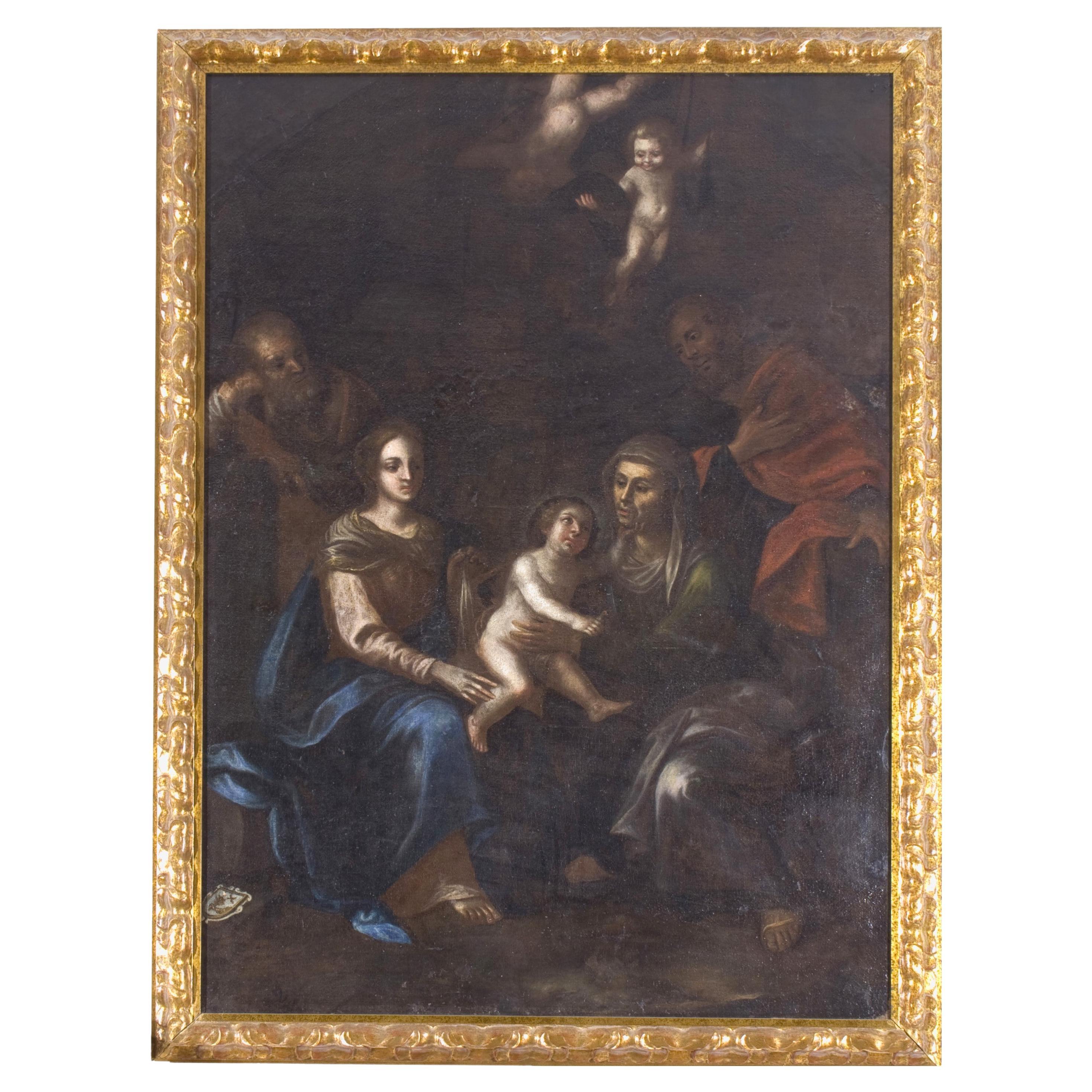 Peinture ancienne "Madone et Sainte Anne" du 17ème siècle.