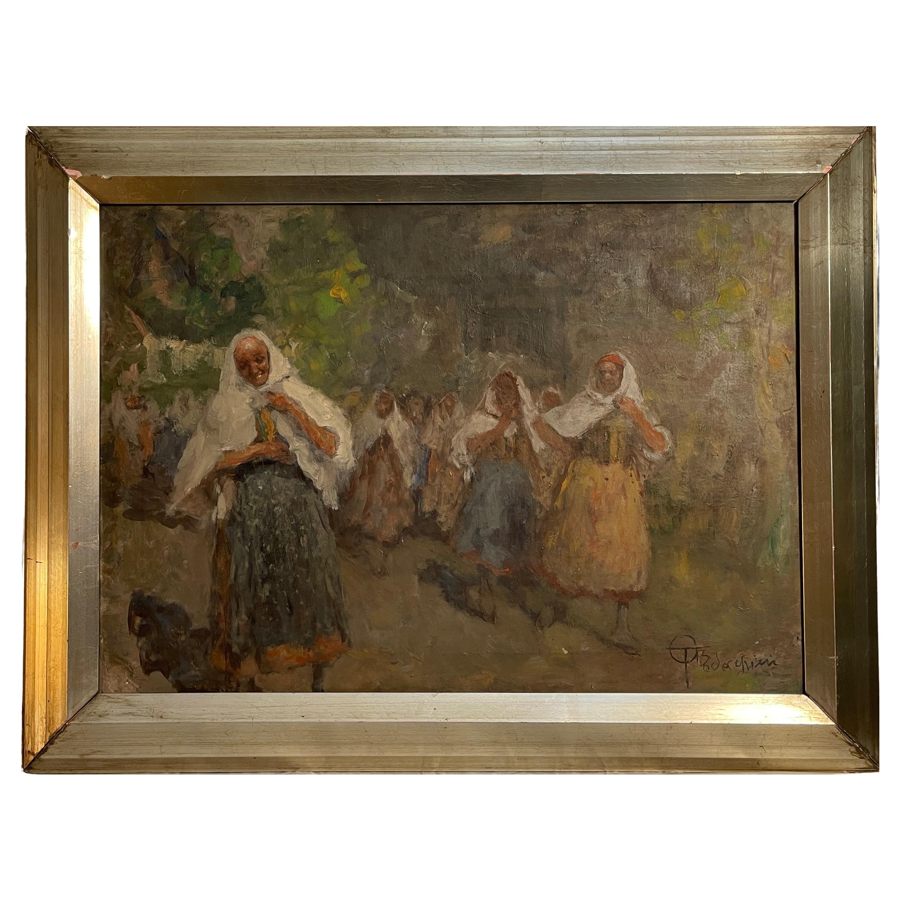 Peinture ancienne, huile sur toile, figures féminines, I. B. Todeschini, 19e siècle