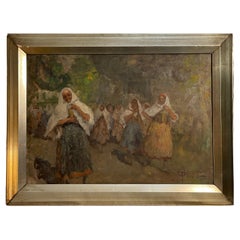 Peinture ancienne, huile sur toile, figures féminines, I. B. Todeschini, 19e siècle