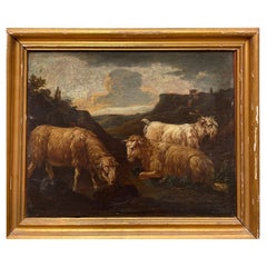 Ancient painting, Oil on canvas, Goats, Attr. Philipp Peter Roos, 17th century