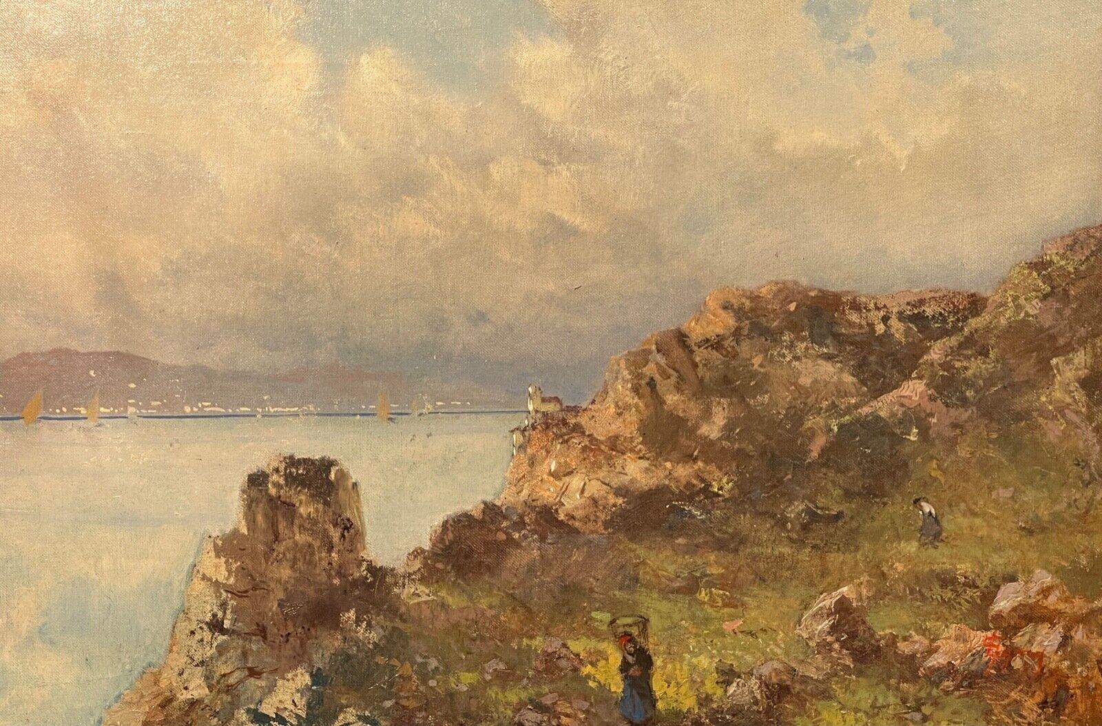Ancient painting, oil on canvas, L. Gignous, View from the high coast, 19th century
Oil painting on canvas executed and signed by Lorenzo Gignous, depicting a marina seen from above on a rocky coast, boats in the background and figures inserted in