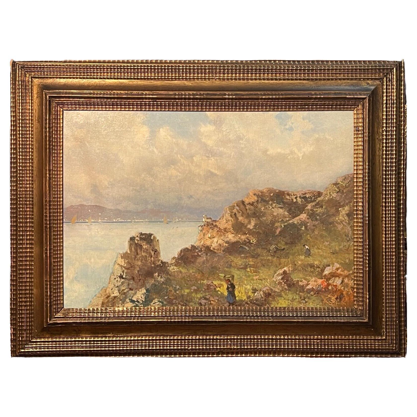 Ancient Painting, Oil on Canvas, L. Gignous, View from the High Coast, 19th Cent