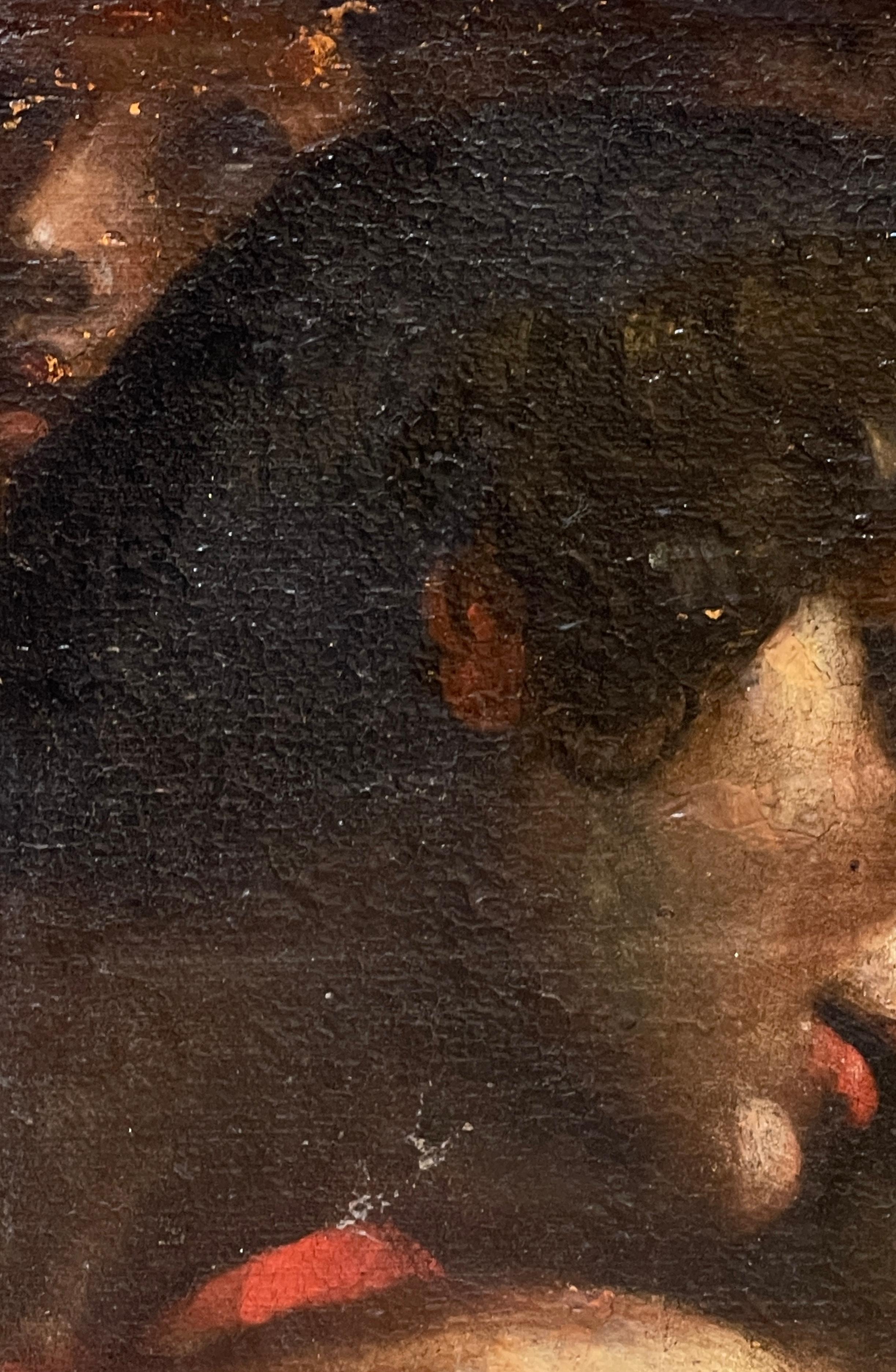 Hand-Painted Ancient painting, Oil on canvas, placed on a panel Faces, 17th century For Sale