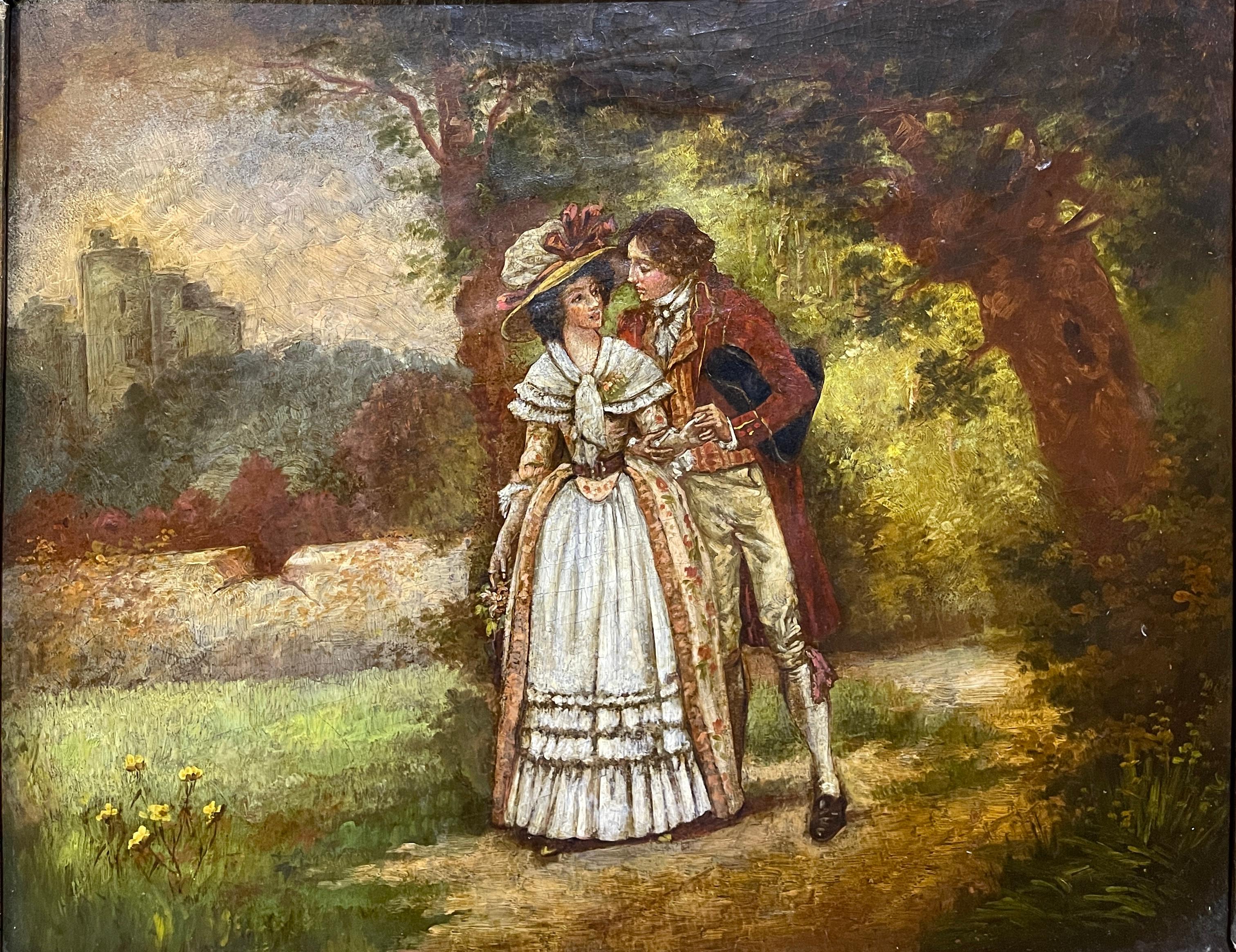 Pintura antigua, óleo sobre tabla, finales del siglo XVIII, pareja en el bosque
Refinada pintura al óleo sobre madera, representa a una dama y su pretendiente en un bosque con un castillo al fondo.
El cuadro está intacto, bien conservado, el panel