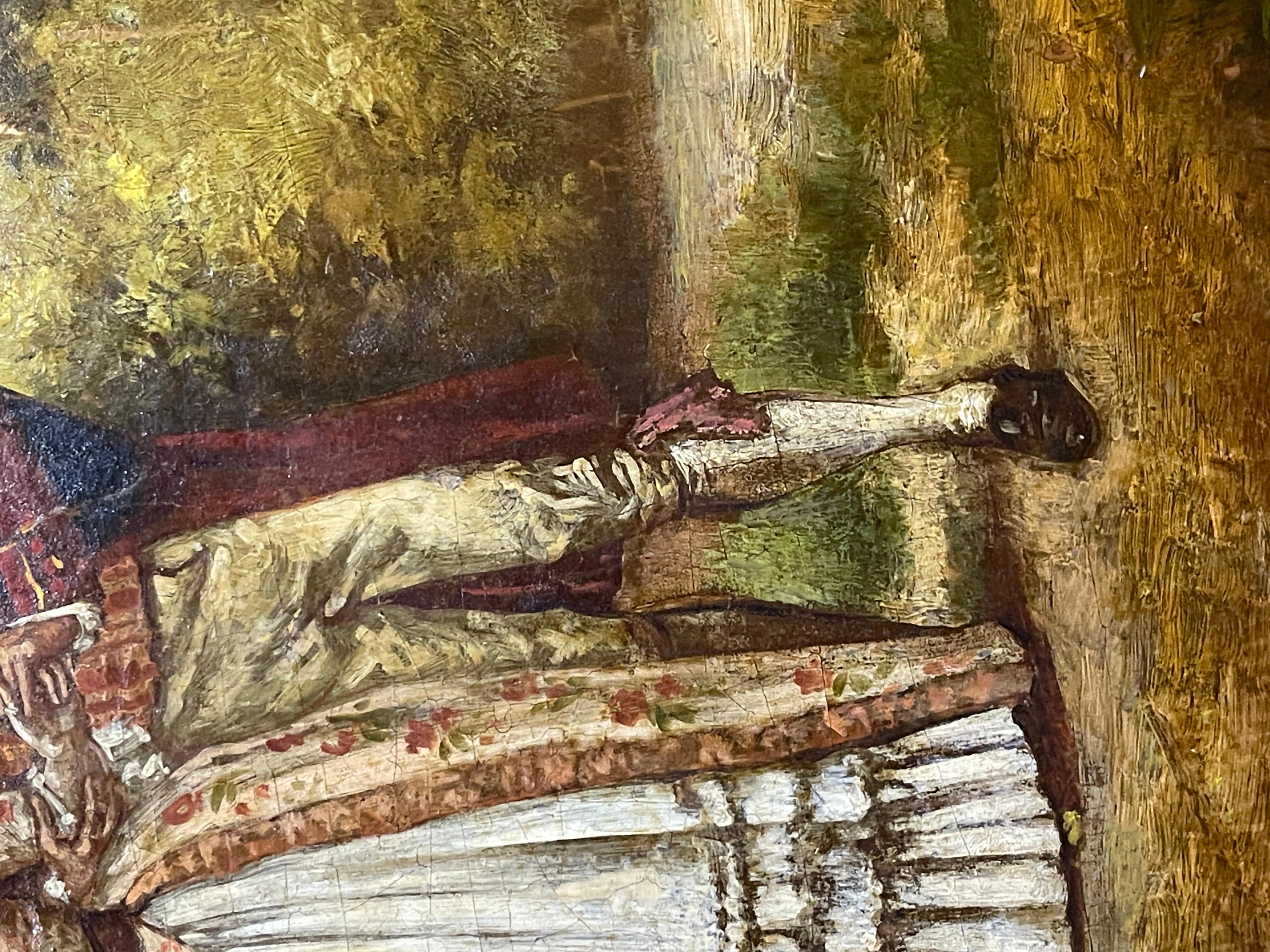 Pintura antigua, óleo sobre tabla, finales del siglo XVIII, pareja en el bosque Luis XVI en venta