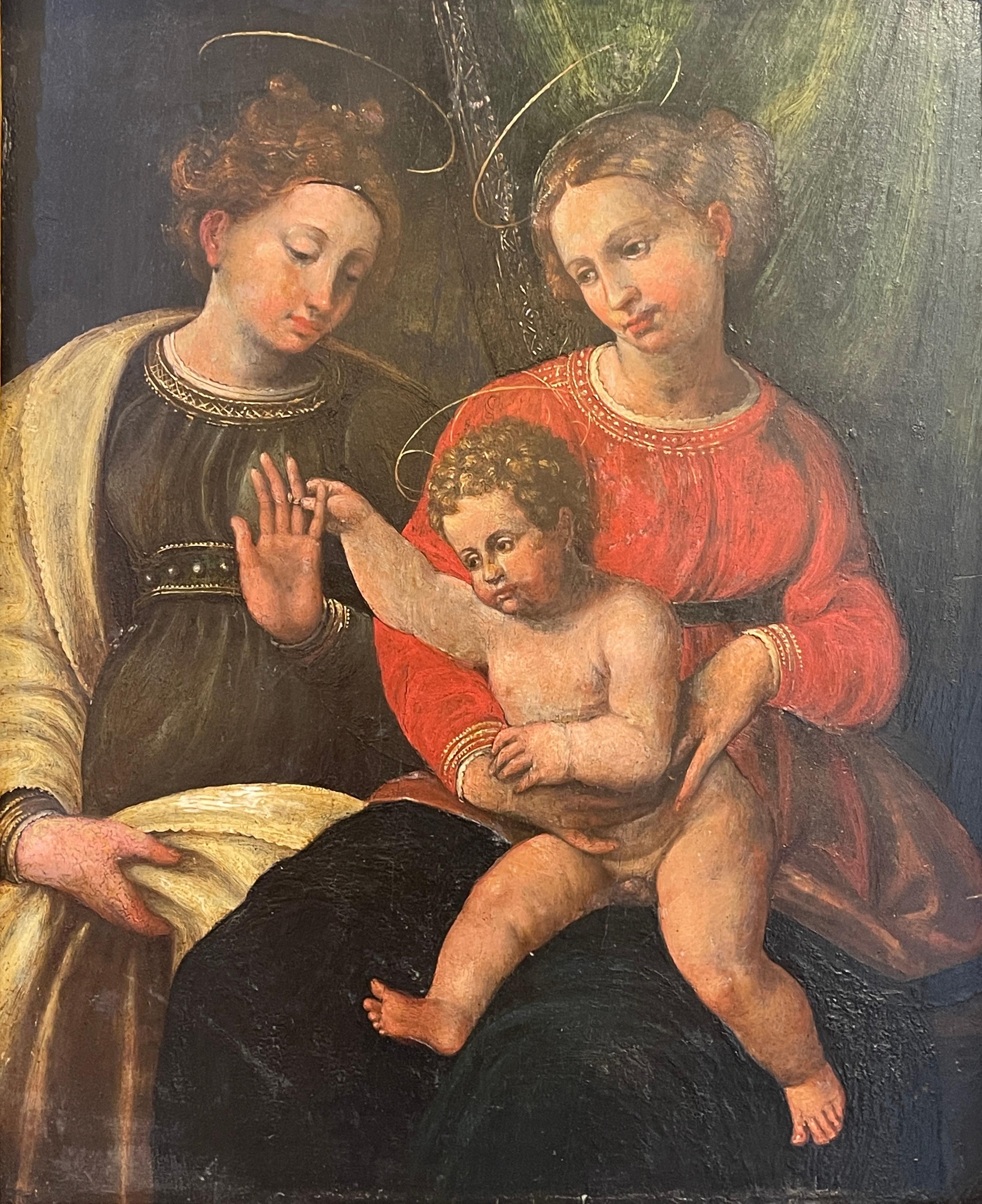 Antikes Gemälde, Öl auf Tafel, Mystische Hochzeit der Heiligen Katharina, 16. Jahrhundert (Renaissance)