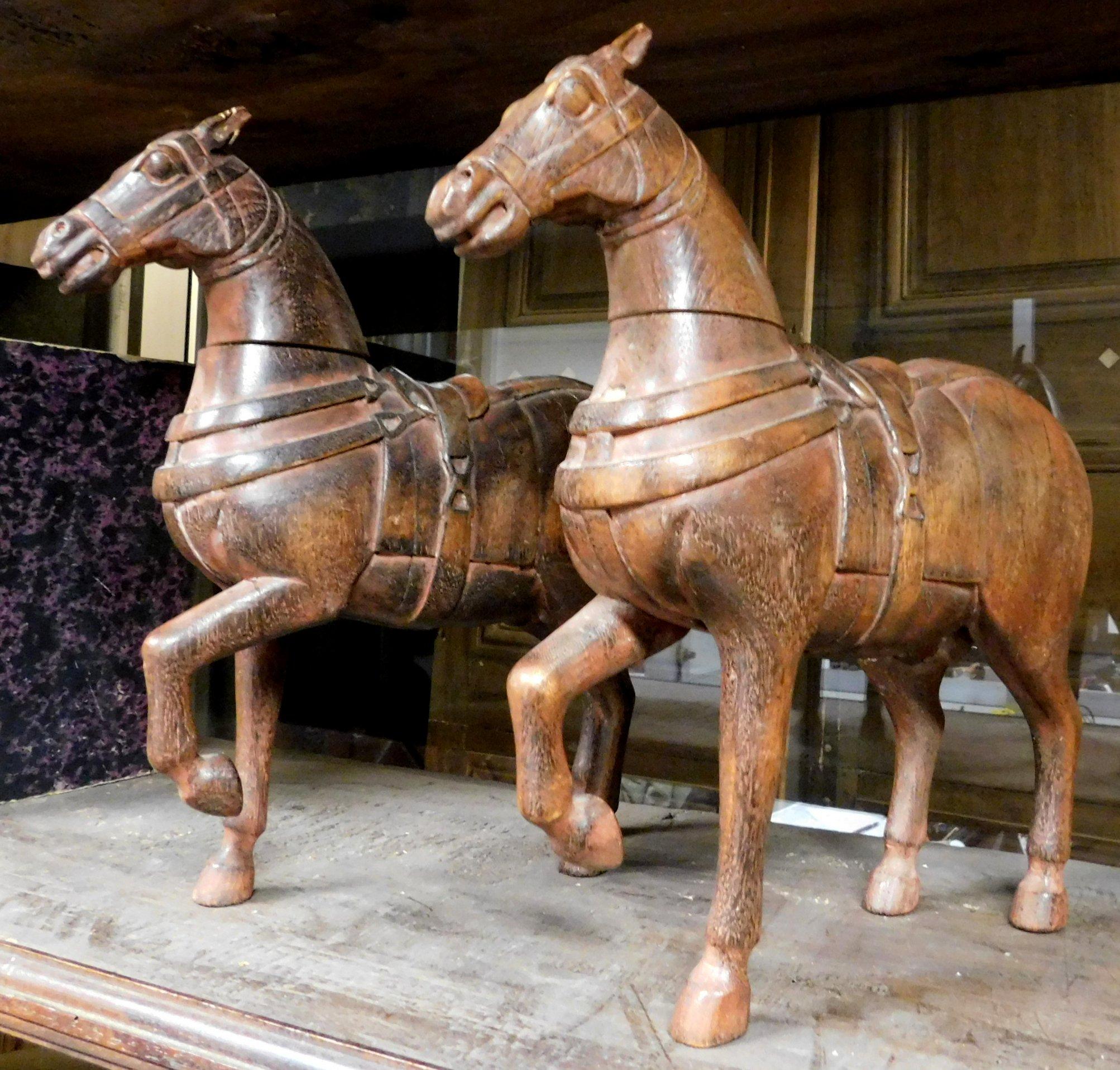 European Ancient Pair of Carved Wooden Sculptures of Horses, 19th Century For Sale